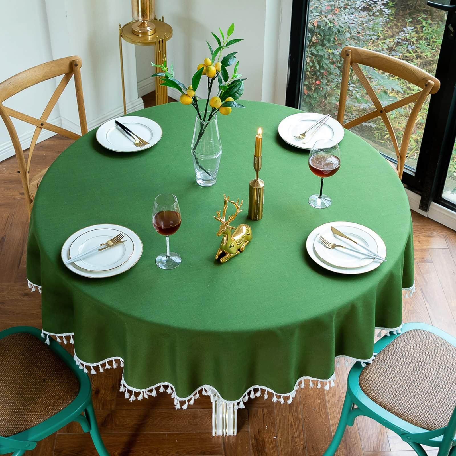 Tischdecke Abwaschbar, Rund 160 cm Polyester Einfarbig mit Quaste Tischtuch für Esszimmer, Party, Hochzeiten oder Haushalt, Grün