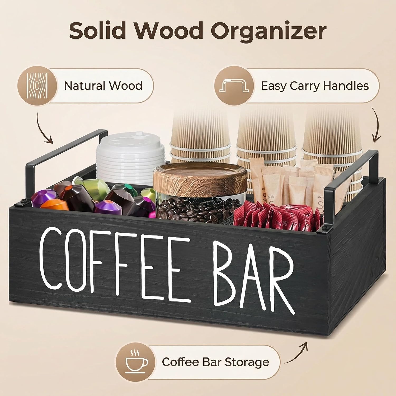 Coffee Bar Organizer Caddy, 3 Compartments, Farmhouse Counter Coffee Station Organizer, Solid Wood Material, 11.8x7.8x3.1 Inches, With 2 Metal Handles