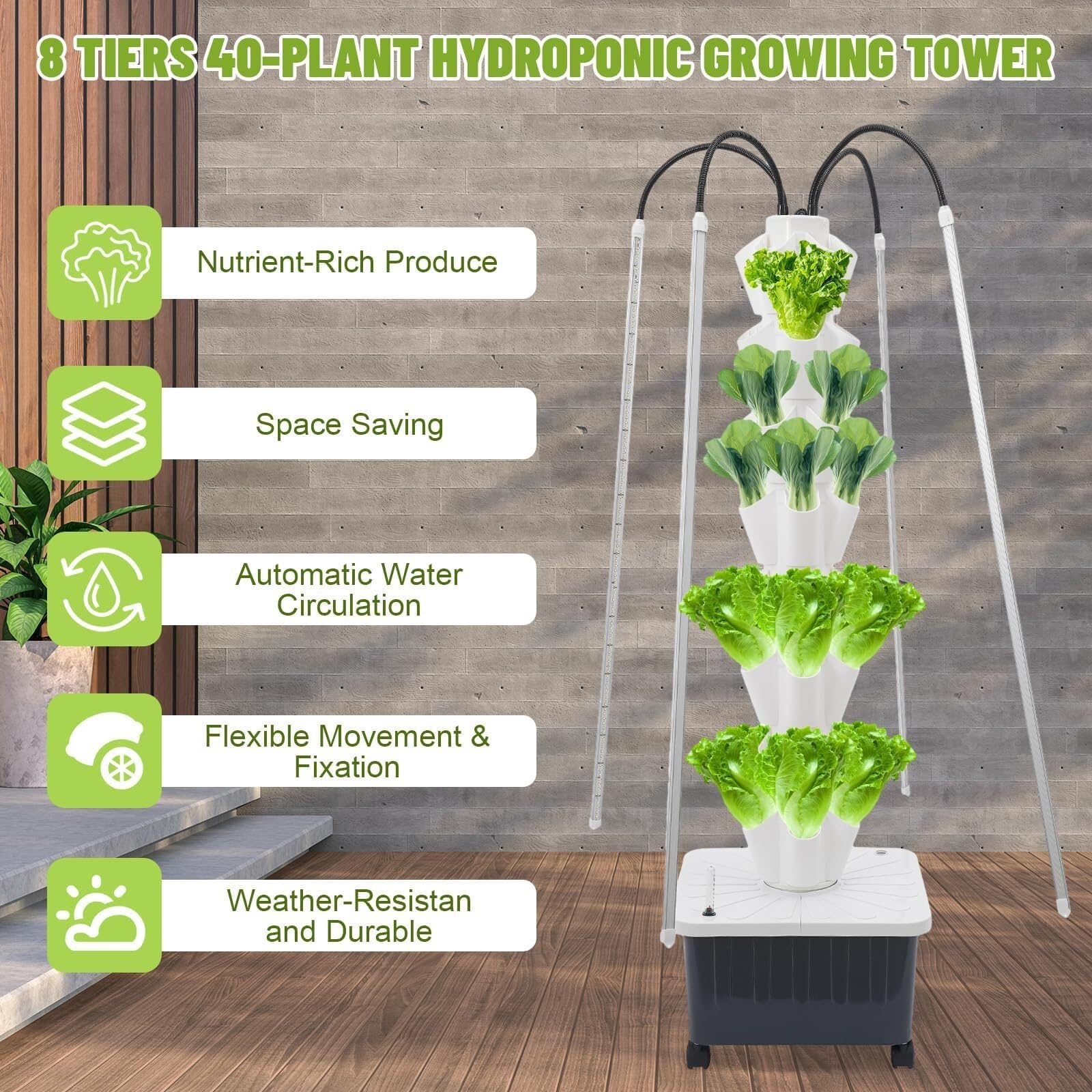 Torre de cultivo hidropónica, maceta vertical con luces de cultivo, capacidad de 40 plantas, jardín interior de 8 niveles, temporizador inteligente, ruedas móviles para hierbas y verduras