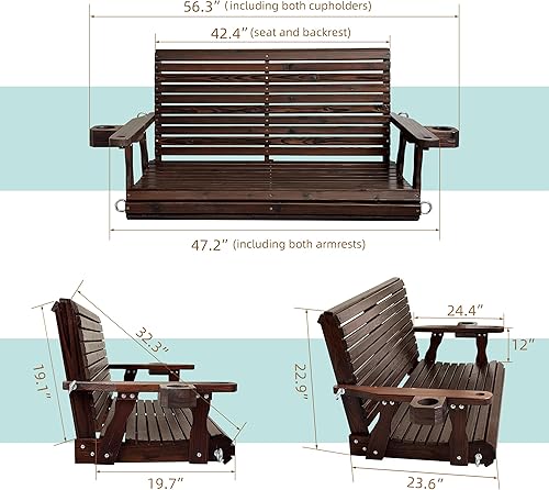 Miniatura 63 de Columpio de madera para porche de 2 plazas, respaldo alto y asiento profundo, columpio de banco con portavasos, cadenas colgantes y resortes