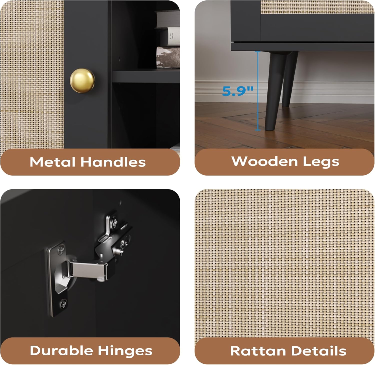 Rattan TV Stand for 55/65/70 inch TV, Boho 59" Entertainment Center with Storage, Modern Mid Century Media Console with Rattan Doors and Adjustable Shelf, Wood TV Stand for Living Room, Black - Image 6