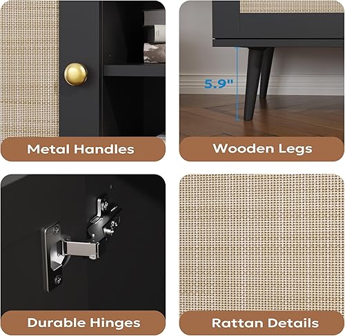 Miniatura 6 de Soporte de TV de ratán para TV de 55/65/70 pulgadas, centro de entretenimiento bohemio de 59 pulgadas con almacenamiento, consola multimedia moderna