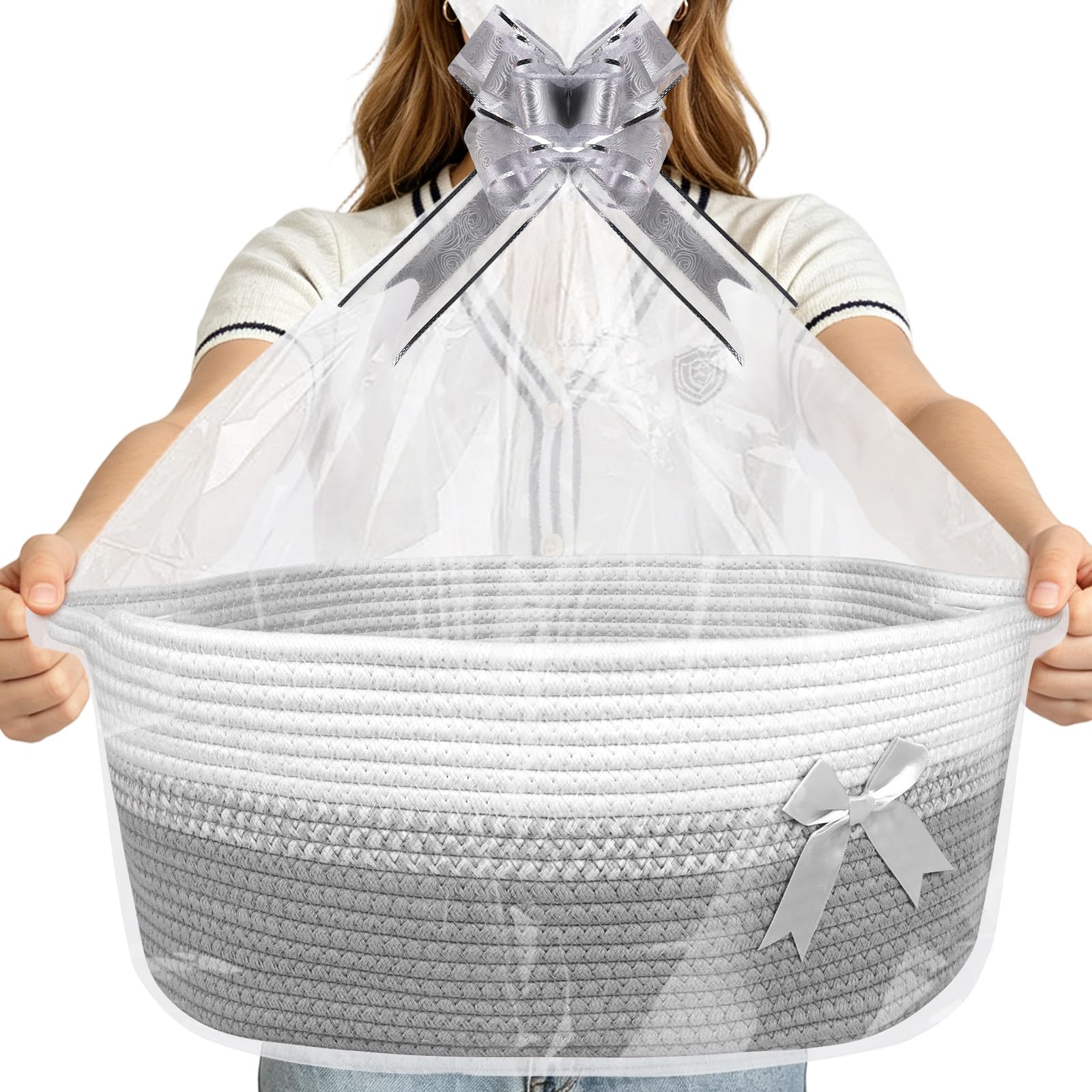 Lotvic 43 x 32 x 18 cm, cesto regalo grande, kit cestino, cesto vuoto, con sacchetti di cellophane e fiocchi (grigio e bianco)
