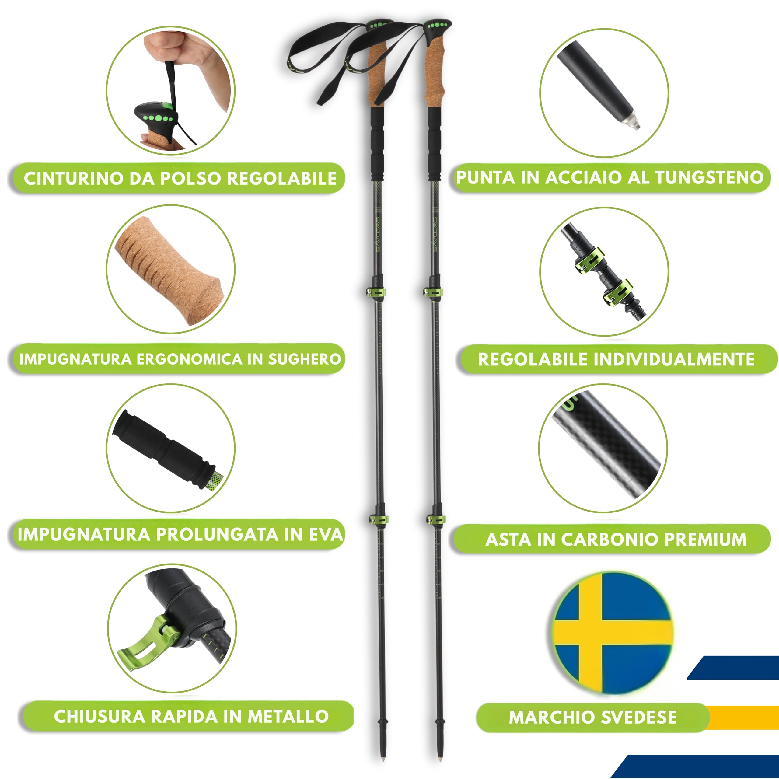 Bastoncini da trekking telescopico (Carbonio Nero) | Bastoni Nordic Walking, Manico in Sughero Ergonomico, leggero, facile da regolare 63-135 cm per per Donna e Uomo