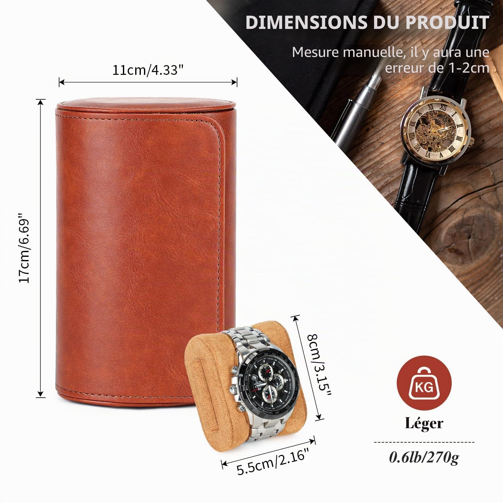 VINBAGGE Boîte à Montres pour Homme 2 Emplacements - Étui de Voyage Rouleau Montre - Organisateur Rangement Cylindrique en Cuir PU - Coffret à Bijoux Vintage Idée Cadeau Noël Anniversaire