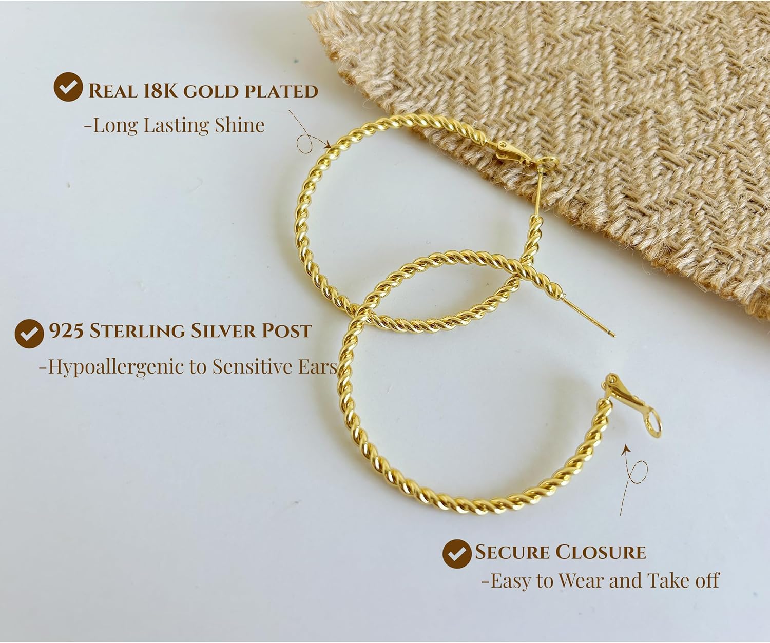 18K Gold Plated Twisted Hoop Earrings for Women, Twist Rope Gold Hoop Earrings with Hypoallergenic 925 Sterling Silver Post, Lightweight Comfortable for All-Day Wear, Ideal Gift for Her - Image 2