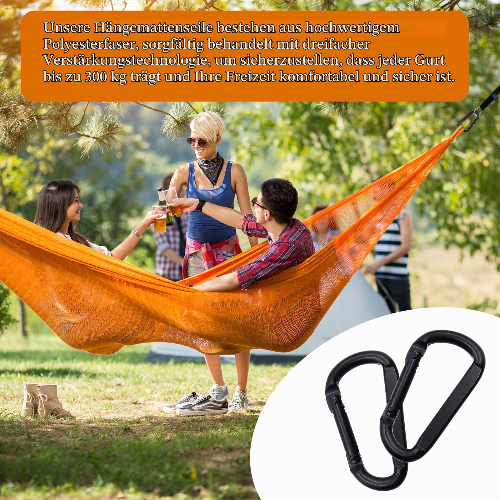 CONNECTION 2 Stück Hängematte Befestigung 2 m x 2.5 cm Seil für Hängematte 300 kg Hängematten Aufhängung Gurte mit 2 Hakenkarabinern für Hängesessel Camping Outdoor Wandern Schaukel Hängemattenzubehör Garten