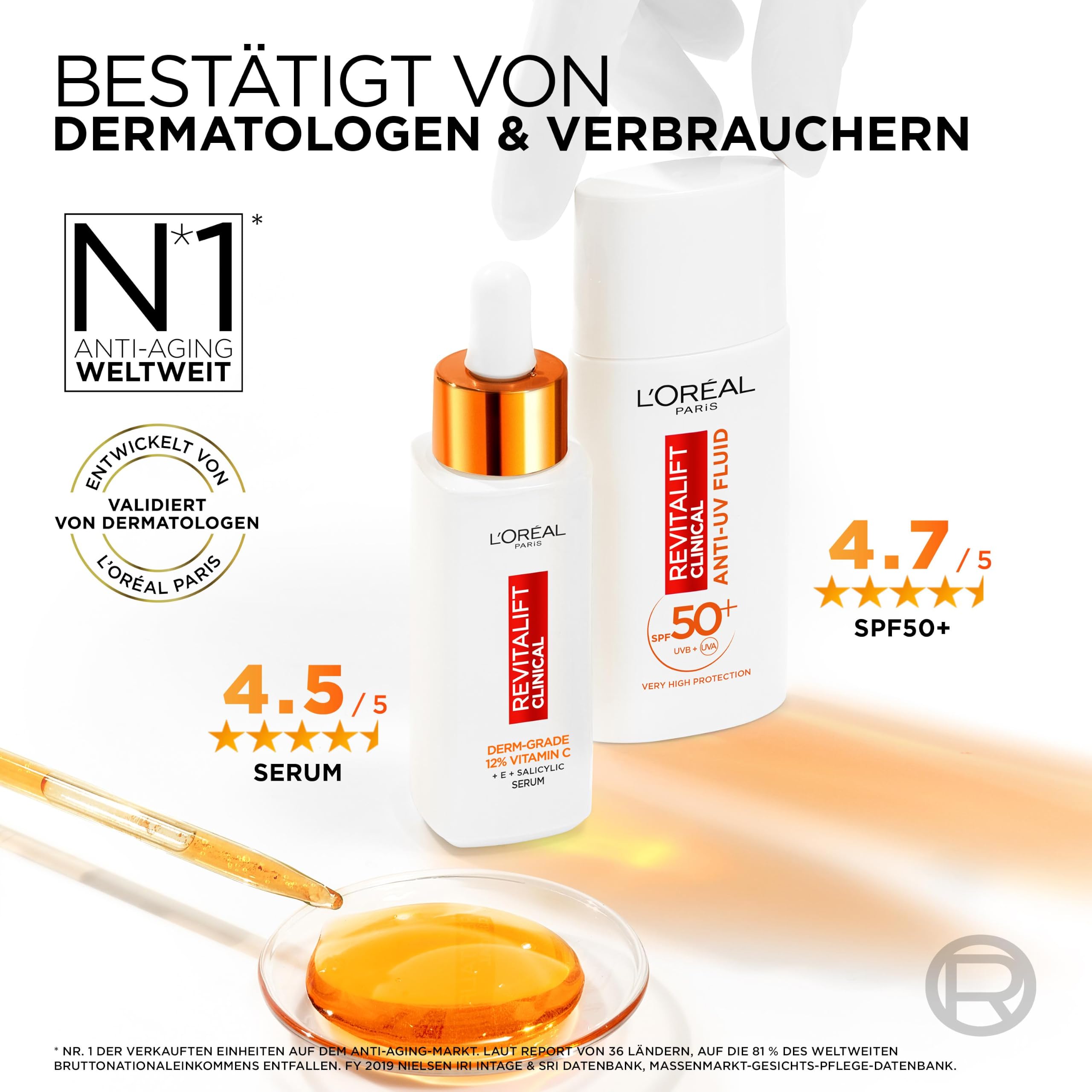 L'Oréal Paris Gesichtspflege-Set mit Vitamin C Serum und Anti-UV-Fluid mit LSF 50+, Für einen strahlenden Hautton, Gegen erste Anzeichen der Hautalterung, Revitalift Clinical Vitamin C, 30 ml + 50 ml