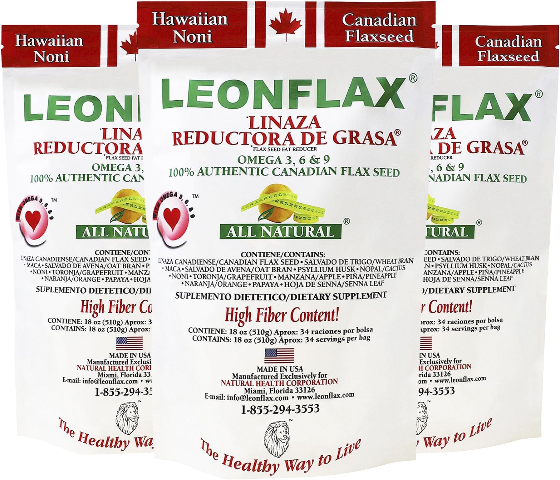 Leonflax, 100% Authentic Canadian Flax Seed, All-Natural, High Fiber Content, Dietary Supplement to Improve Your Digestive Health, 18 Oz, Bag, Natural Health Corporation (Pack of 3)