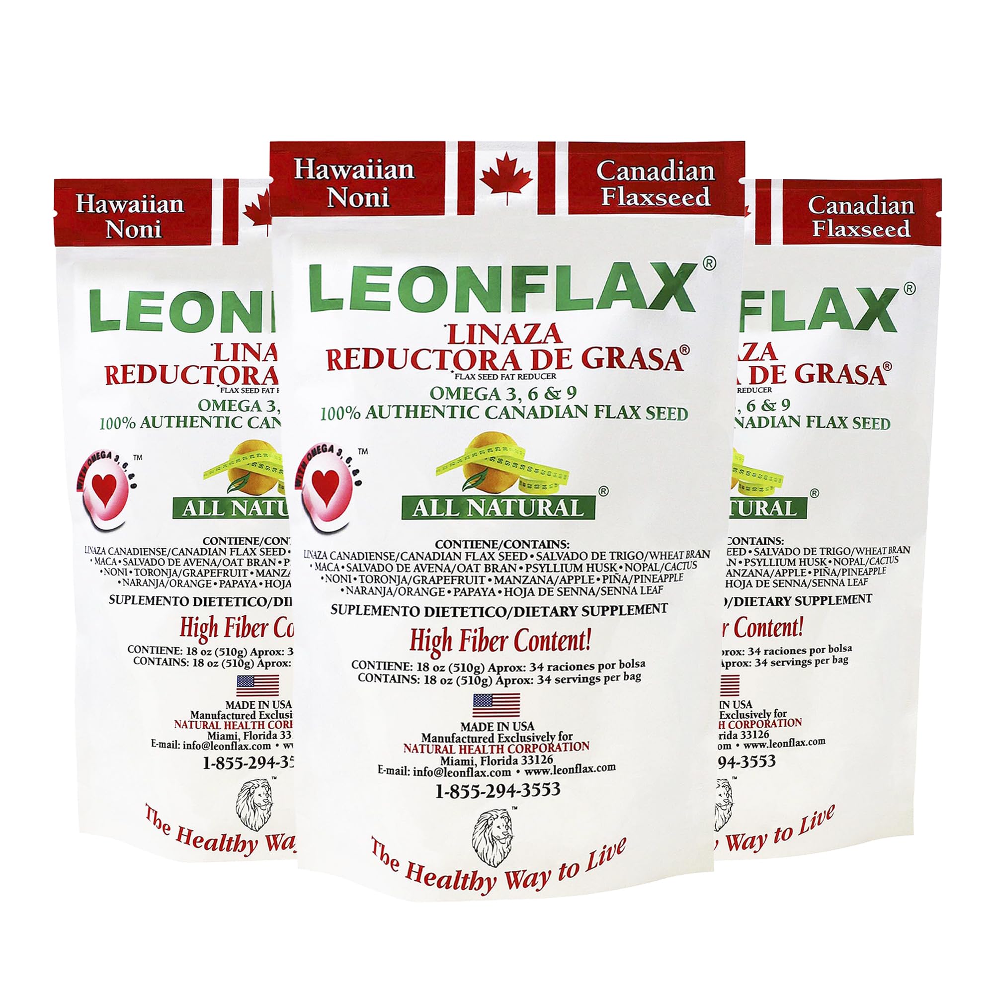 Leonflax, 100% Authentic Canadian Flax Seed, All-Natural, High Fiber Content, Dietary Supplement to Improve Your Digestive Health, 18 Oz, Bag, Natural Health Corporation (Pack of 3)
