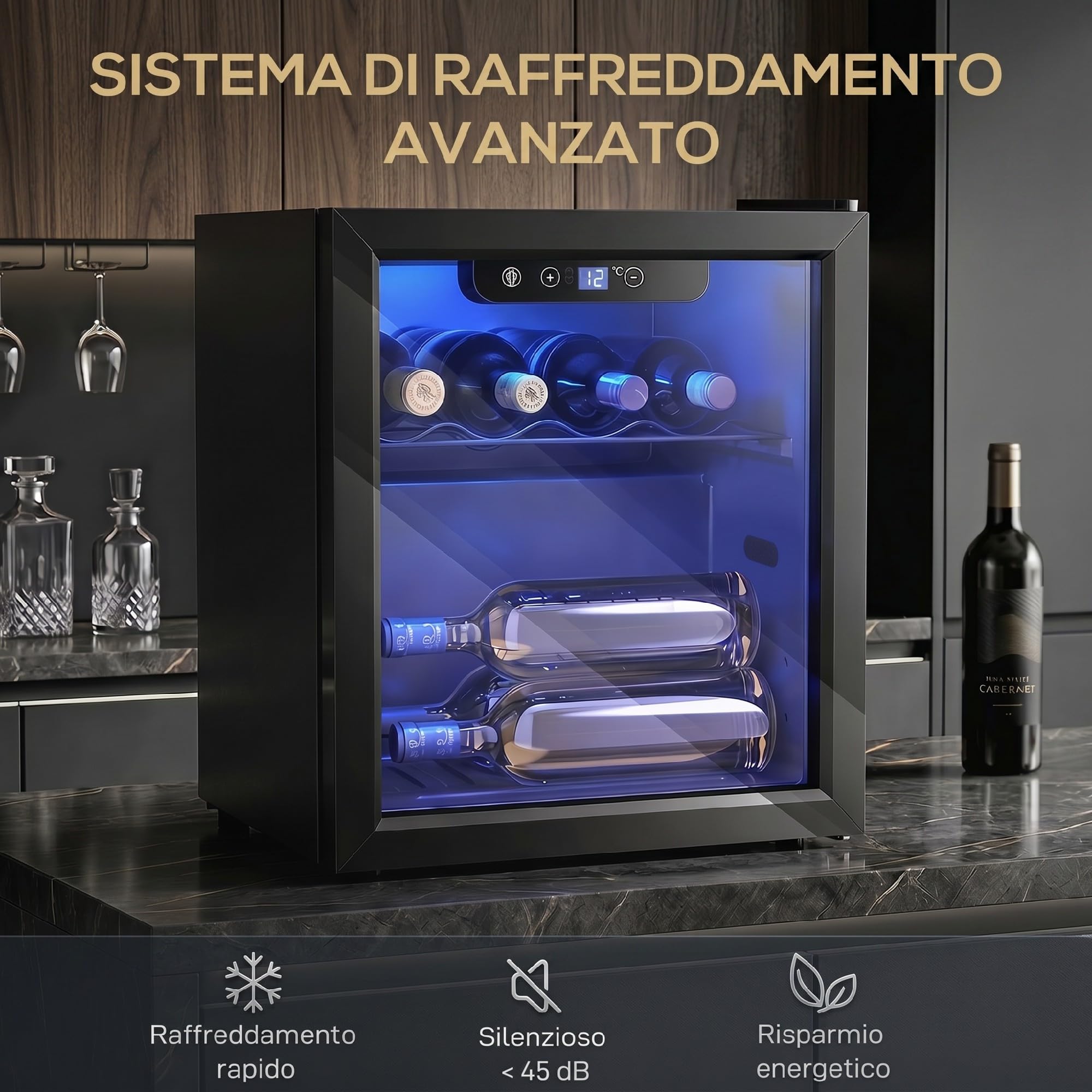 HOMCOM Cantinetta Vino Refrigerata 12 Bottiglie 36L con Temperatura Regolabile 4-16°C, Frigorifero per Vino con Vetro Anti-UV, Compressore, Ripiani, Display Touch, Luci LED, Classe G, Nera