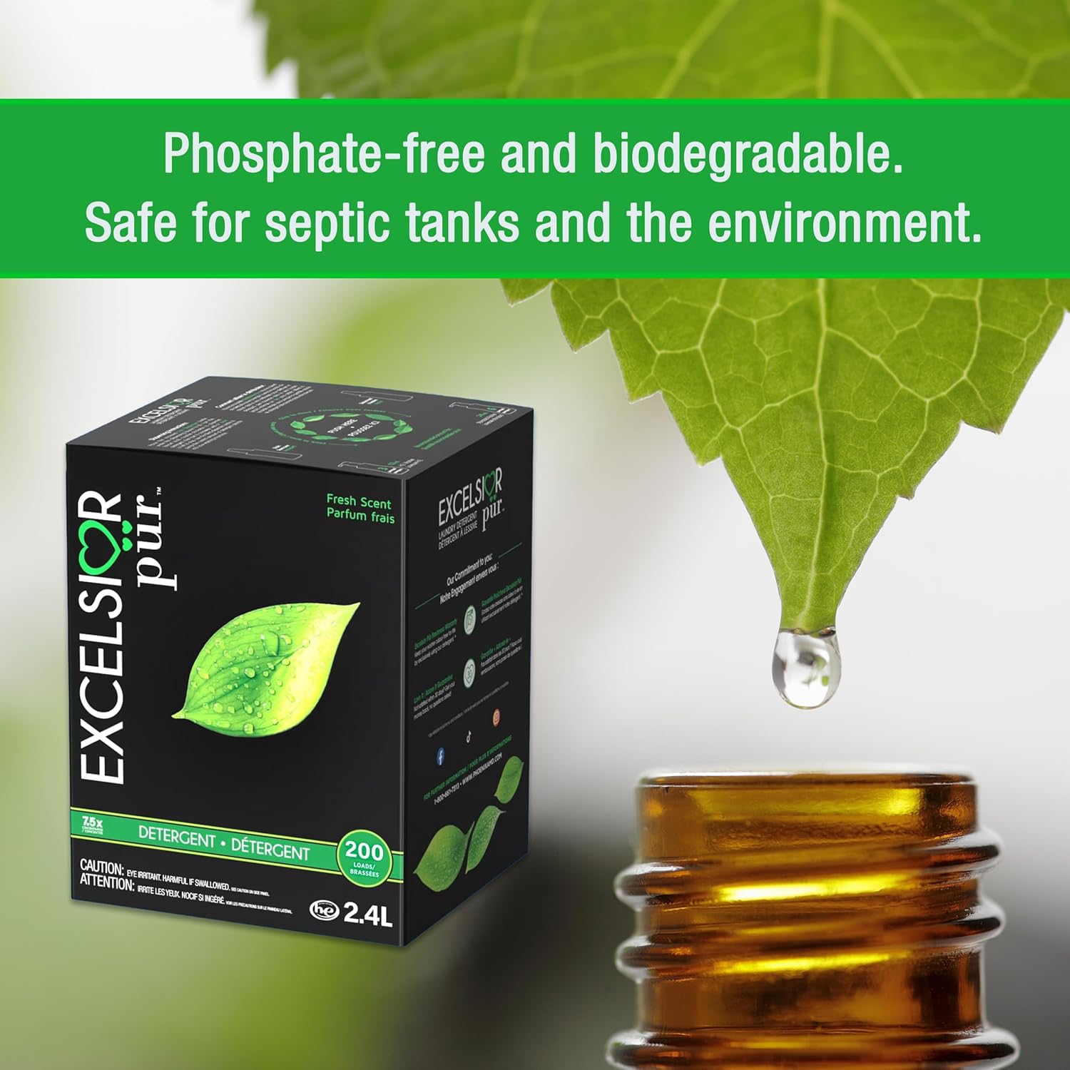 Excelsior Pür 7.5x Ultra Concentrated Liquid Laundry Detergent, 2.4 L / 200 Loads, All-in-One Formula with Odor Suppressant, Includes 120 mL Stain Remover + Eco Dispenser