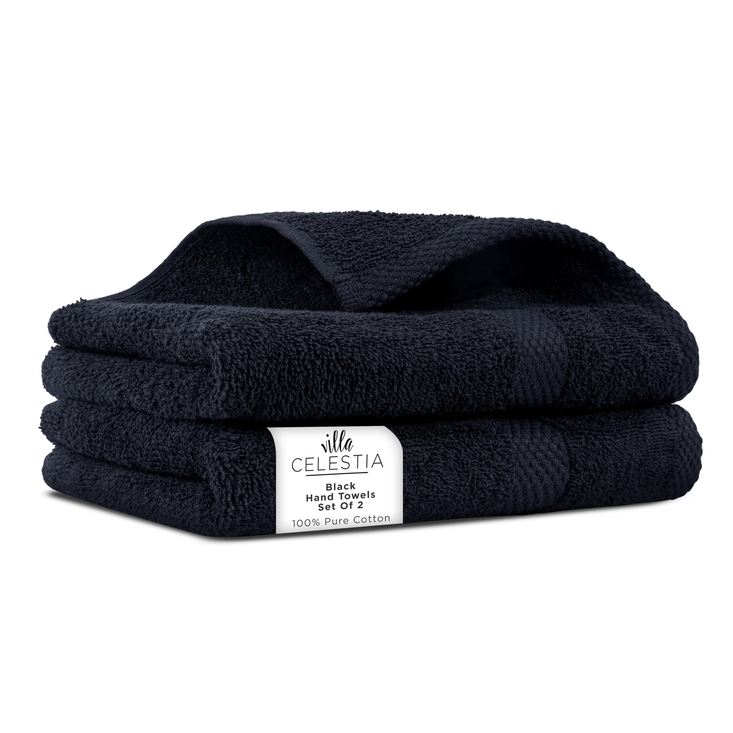 Villa Celestia Cotton Hand Towels Set of 2, 16 x 28, Oeko-TEX Certified, Quick Dry, Black