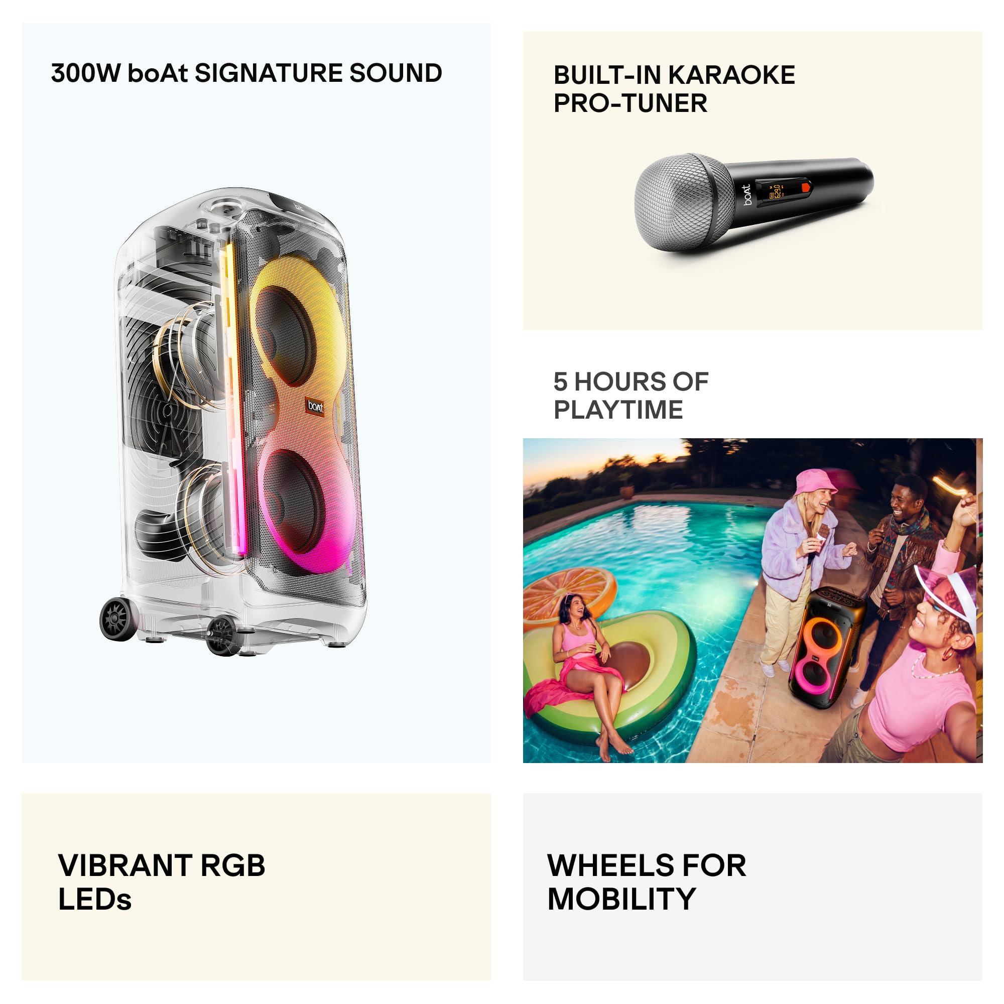 boAt 2026 Launch PartyPal 650, AI Karaoke Auto Tuner,Inbuilt DJ Tracks & Bass Drop,300W Output,2 UHF Wireless Microphones,Vibrant RGB LEDs,Wheels for Mobility Bluetooth Party Speaker (Midnight Black) — Amazon image 2