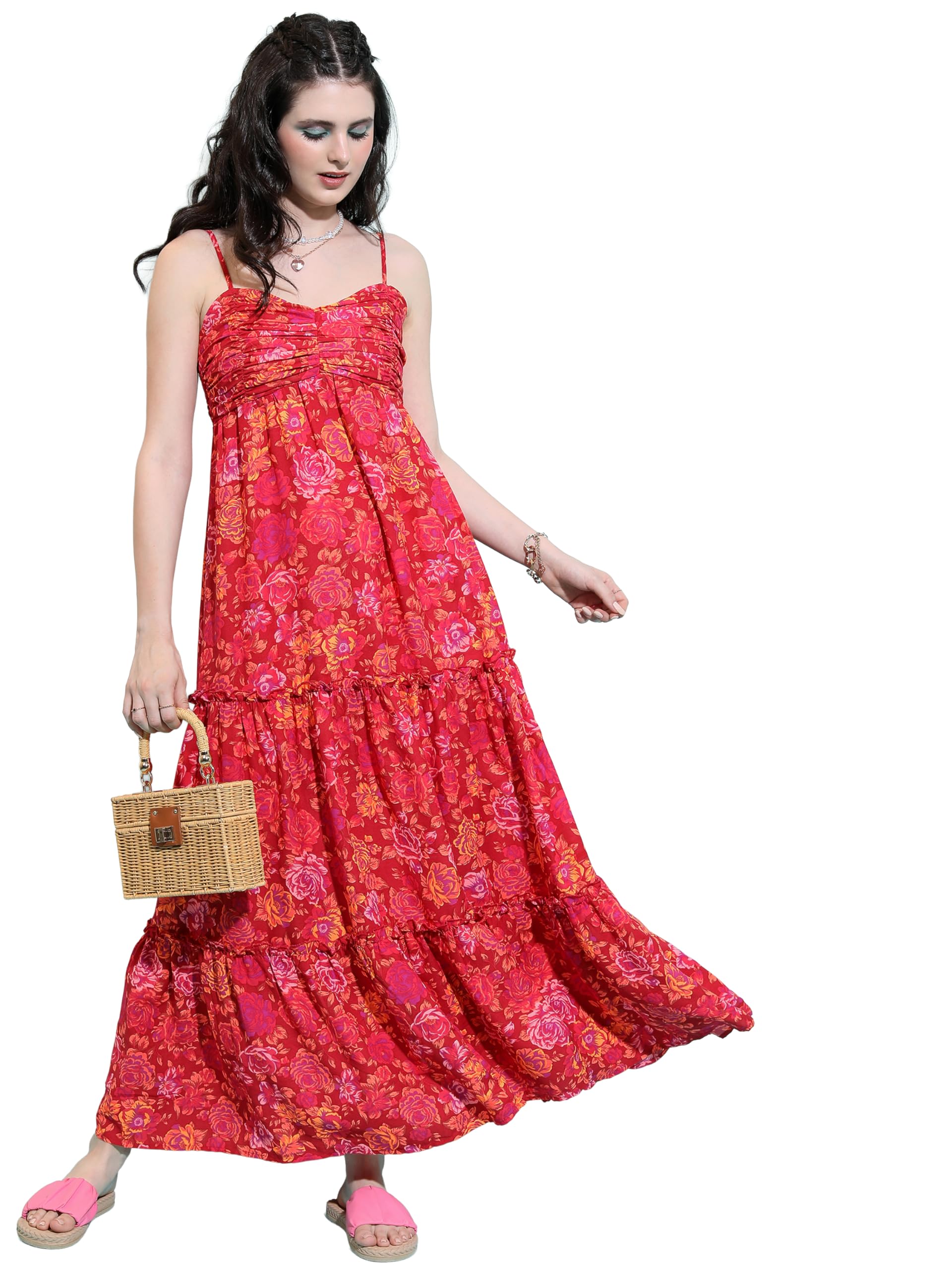 Womens Shoulder Straps Floral Printed Maxi Dress | Tiered & Ruched | Perfect for Vacations, Brunches & Summer Outings| Stylish