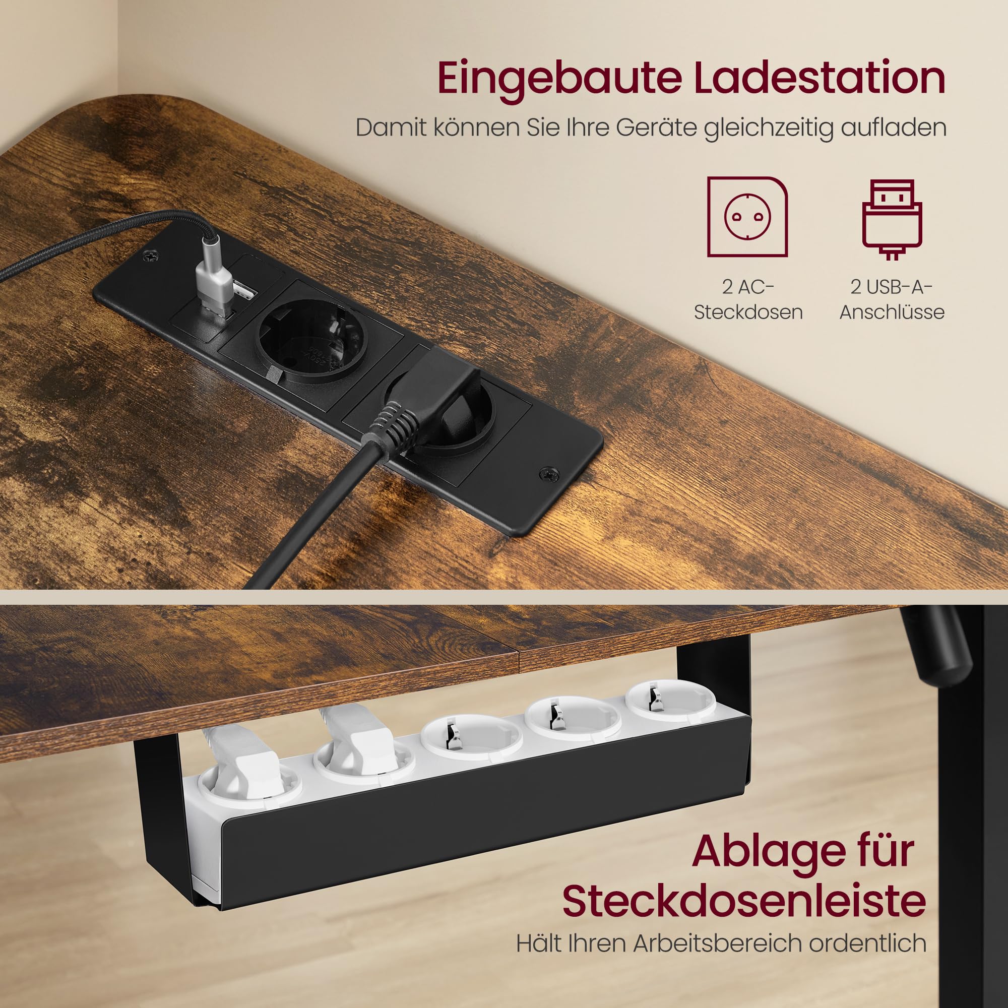 VASAGLE Höhenverstellbarer Schreibtisch, 190 x 155 cm, L-förmiger Eckschreibtisch, Stehtisch, 2 AC-Steckdosen, 2 USB-A-Anschlüsse, Ablage für Steckdosenleiste, für Büro, vintagebraun LSD295KD01