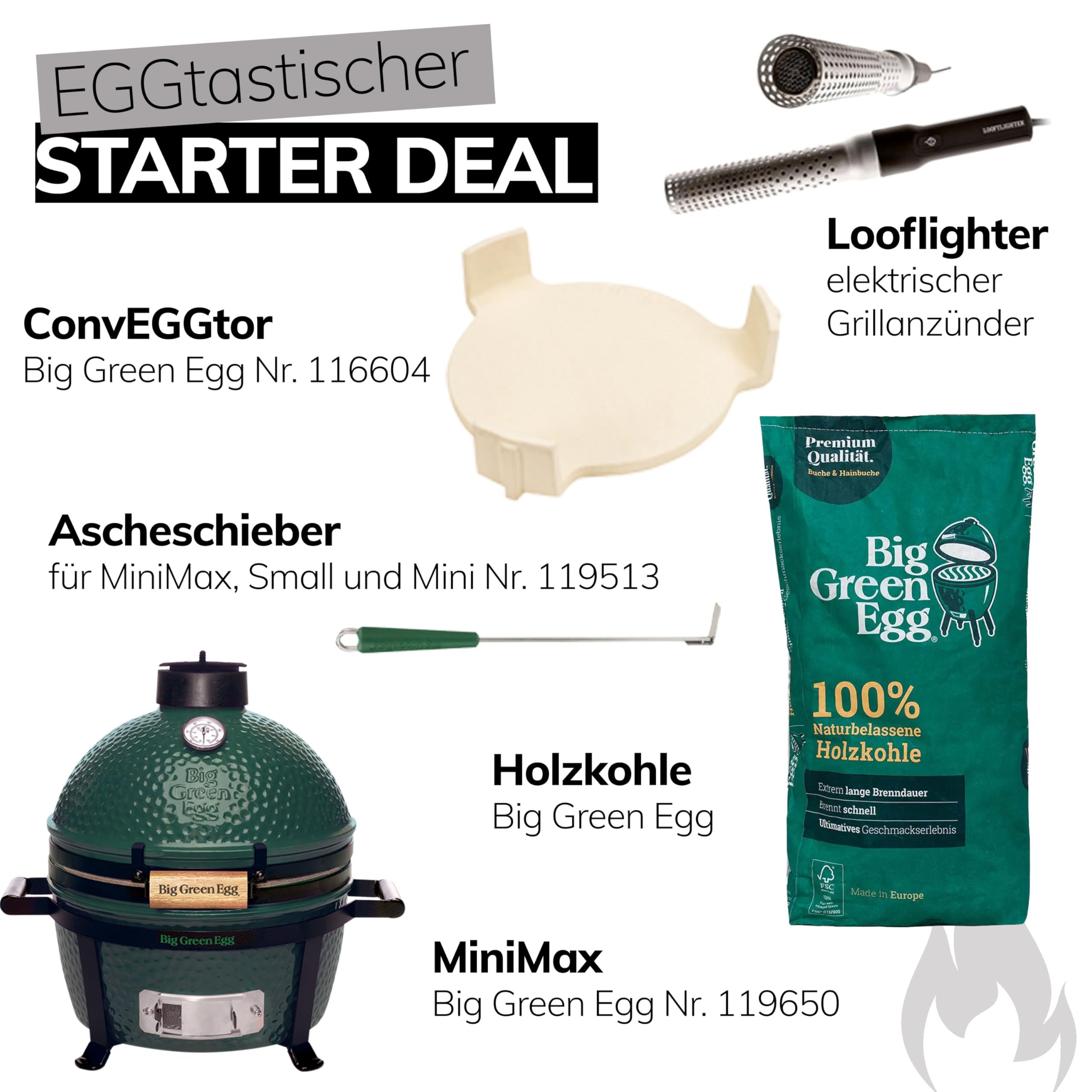 Big Green Egg MiniMax Keramikgrill EGGtastischer Starter Deal mit Grill Zubehör Mini Kamado mit Kohle, ConvEGGtor, Ascheschieber und Looftlighter Artikelnummer AMXHD3