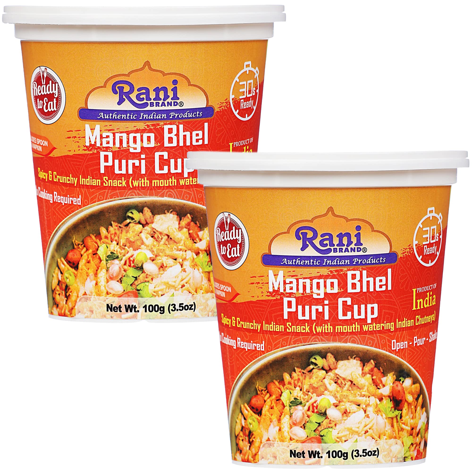 Rani Mango Bhel Puri Cup (Spicy & Crunchy Indian Snack w/ mouth watering Indian Chutneys) 3.5oz (100g), Pack of 2 ~ Ready to Eat | Vegan | NON-GMO |
