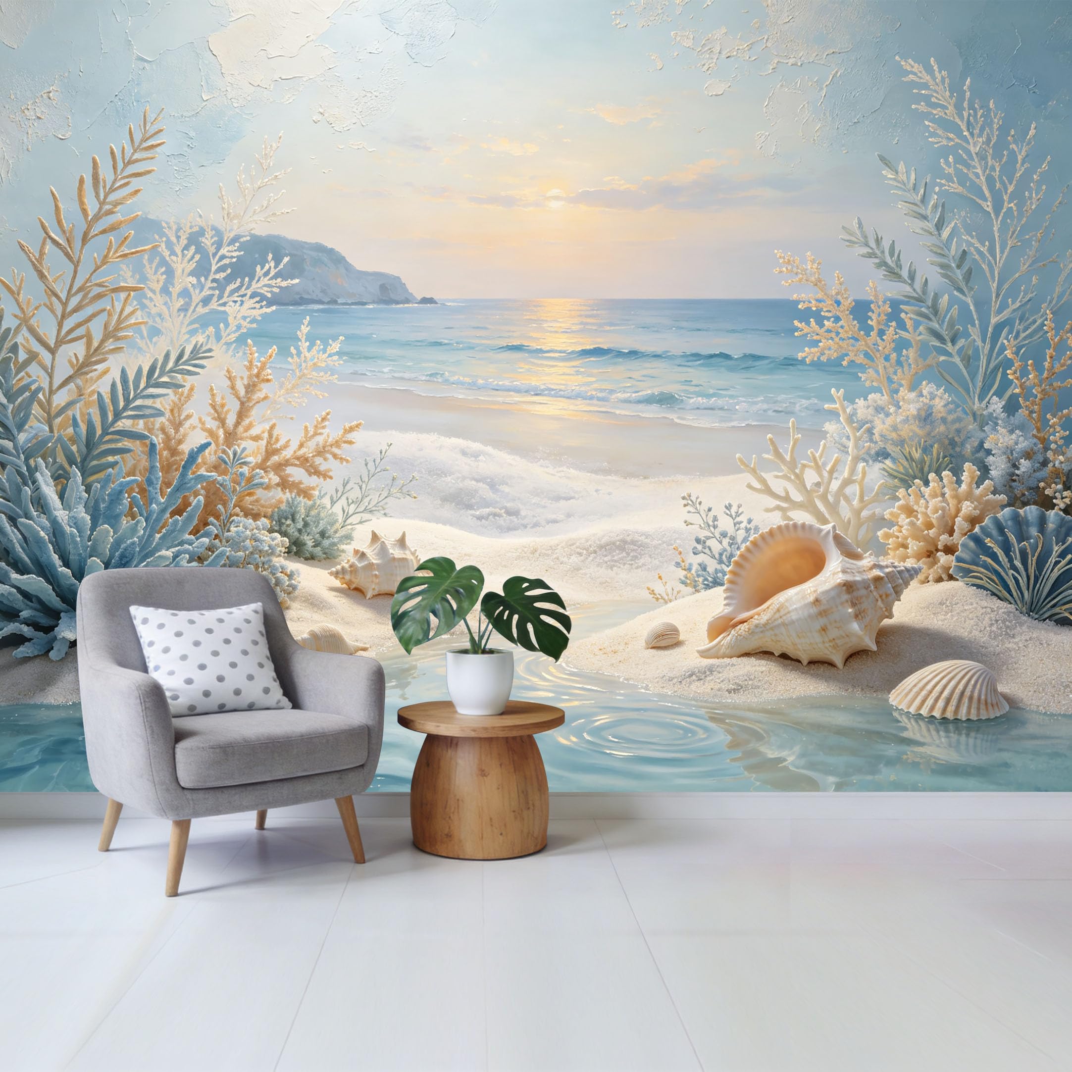 Qzlithotic Yq2605250386 Custom Size Wall Mural Coastal Sunset Ocean Beach Coral Seashells Watercolor Selfadhesive Wall Fabric Removable Wallpaper For Home Office Decor