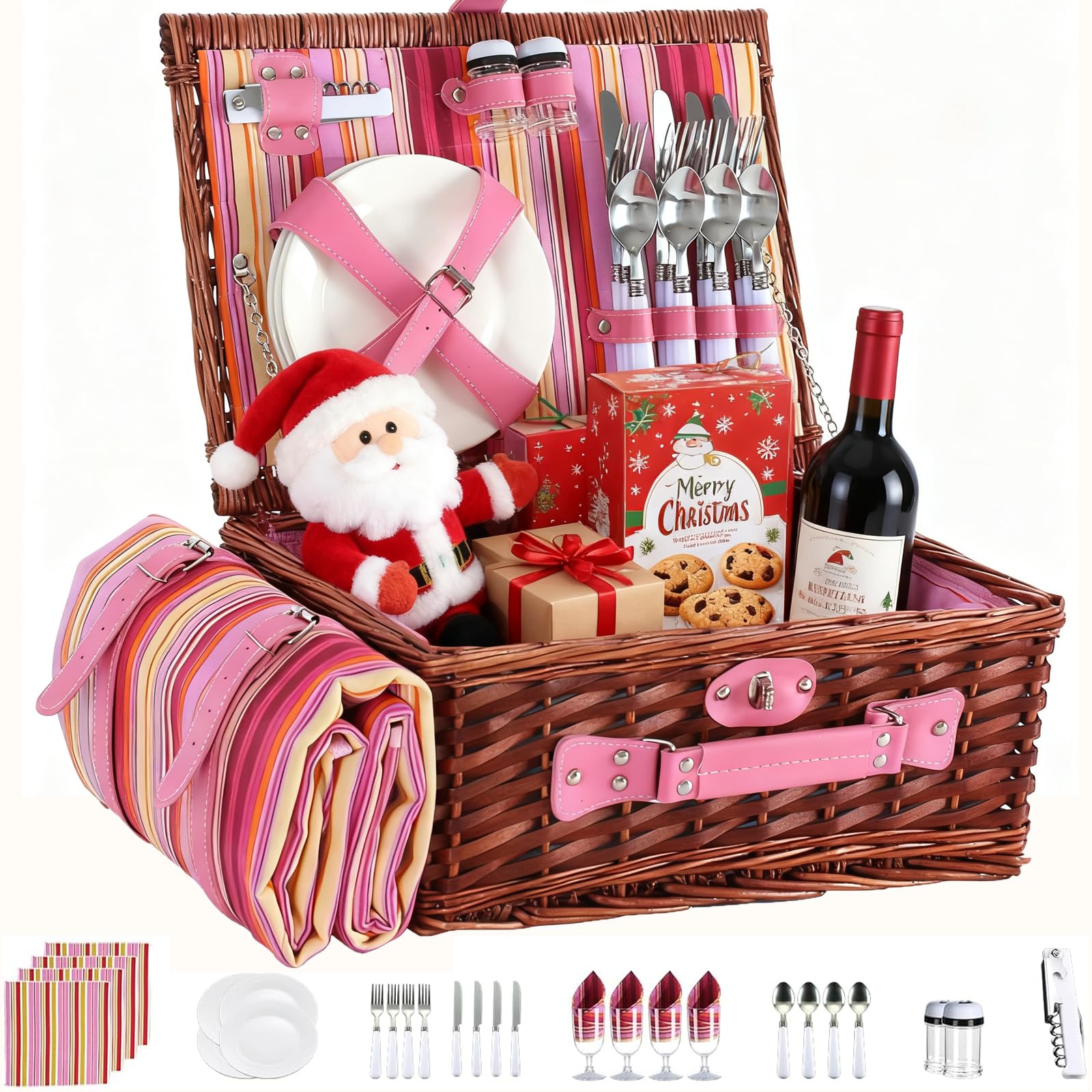 Picnic Basket Set for 4 with Waterproof Blanket Mat Insulation Bag Wicker Pink Stripe Classic Fresh Gift for Christmas Thanksgiving Wedding Birthday Camp Outdoor Beach Travel