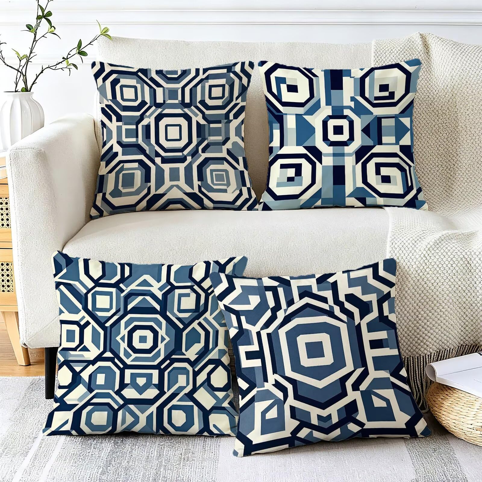 Blu Federe Cuscini Divano 60x60cm, Cuscini da Esterno Set de 4, Cod-136 | Velour Copricuscini Decorativi Letto Arredo, per Letto, Soggiorno, Giardino, Esterno, Casa Decorazione Set di 4 Geometria