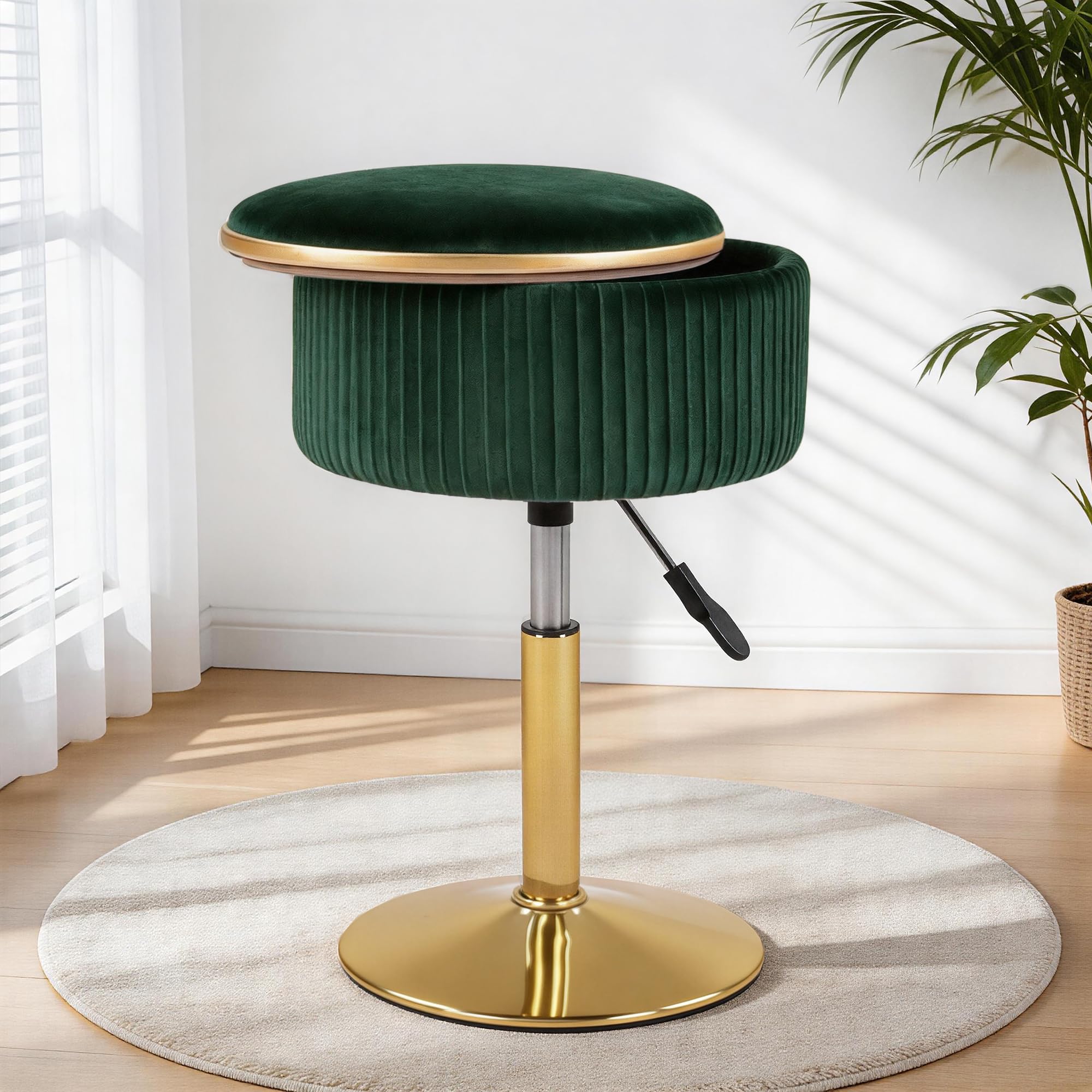 LITZFUR Adjustable Vanity Stool, Swivel Vanity Chair with Storage, Green
