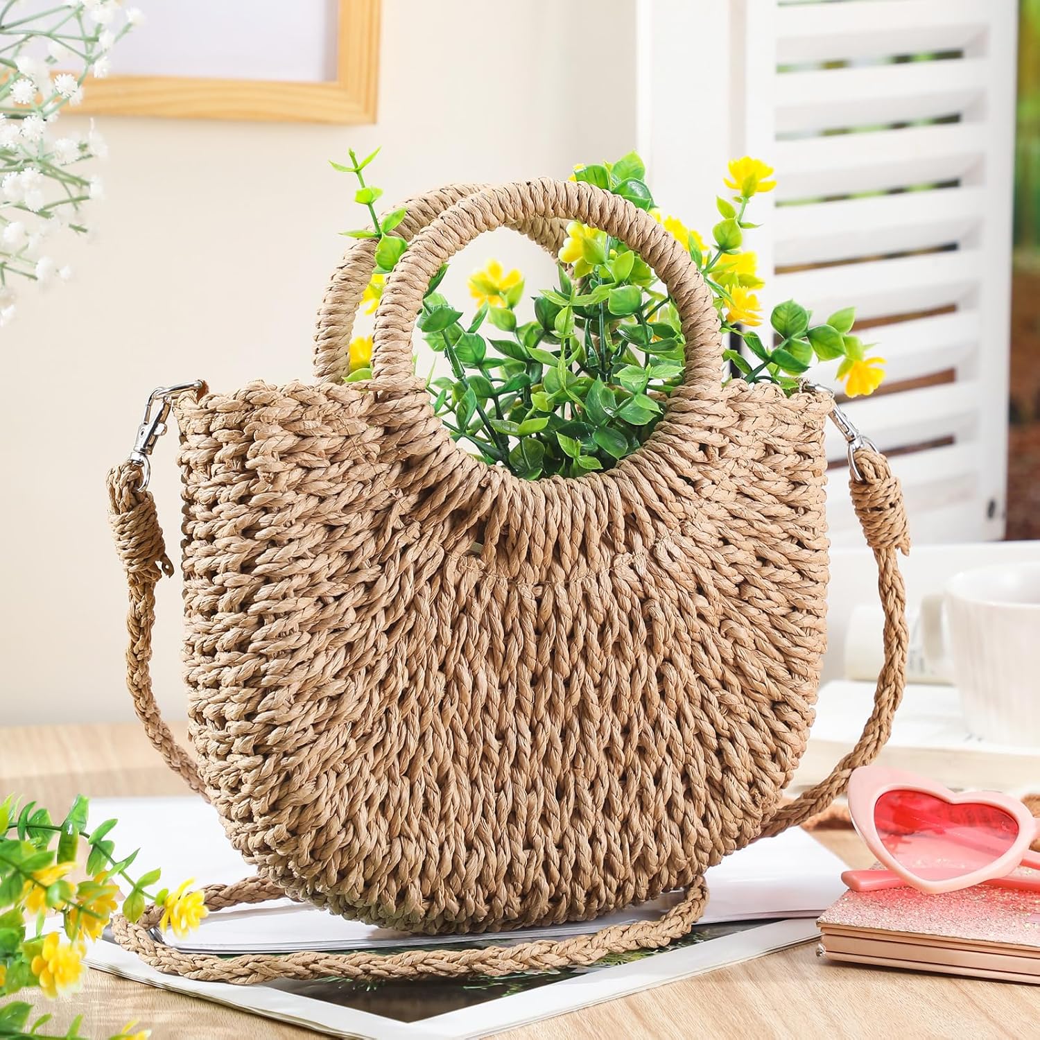 Oudain Straw Purses for Women Semi Circle Rattan Straw Purses Bulk with Handles for Women Wedding Guests Bridesmaid Gifts