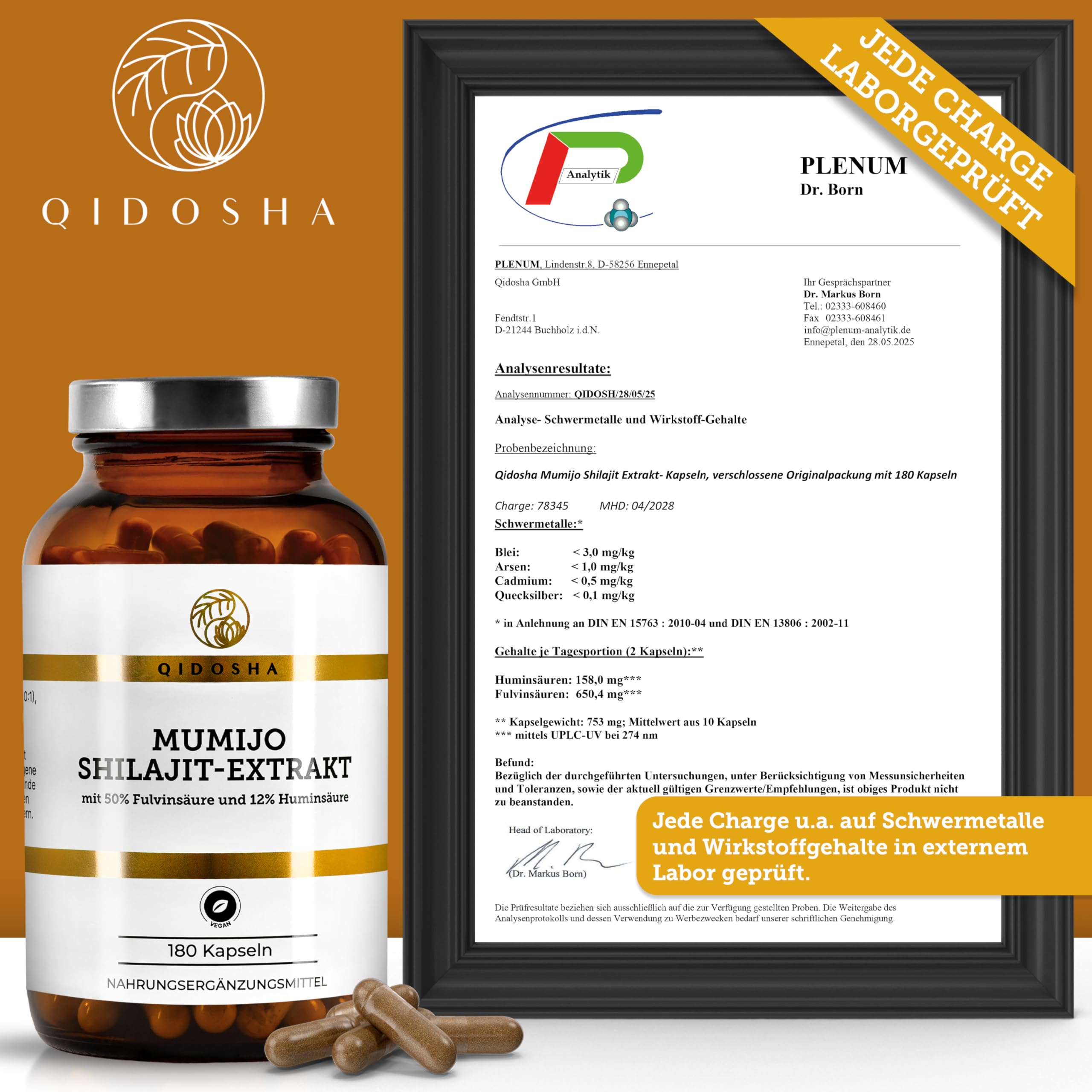 QIDOSHA® Mumijo Shilajit, hochdosiert: 13.000 mg Shilajit pro Tag (10:1 Extrakt), Original Himalaya, 50% Fulvinsäure, 12% Huminsäure, 180 Kapseln, deutsche Fertigung, jede Charge laborgeprüft