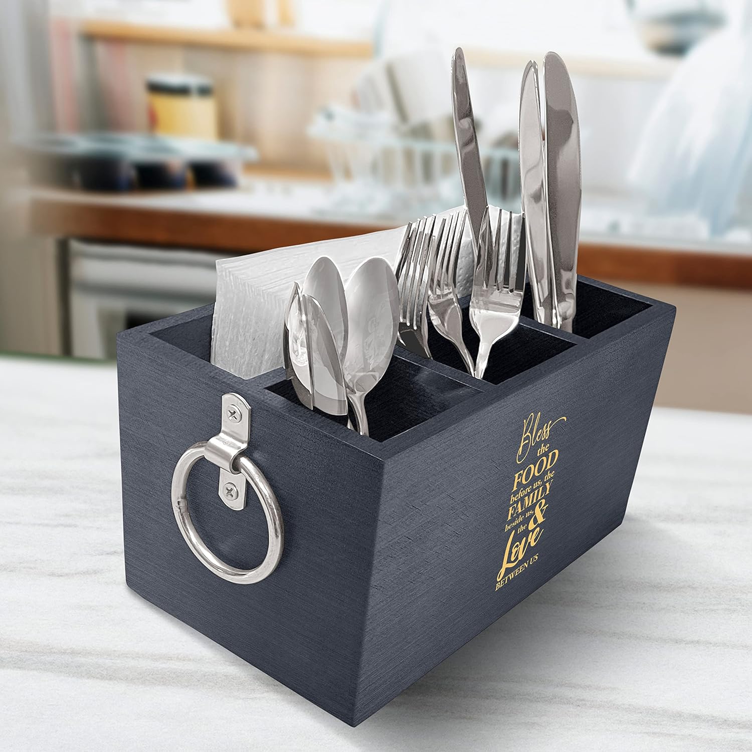 Elegant Engraved Family Quote Wooden Utensil Organizer, Kitchen Utensil Holder, Spoons Knives Forks Organizer For Dining Table & Kitchen, Utensil Organizer