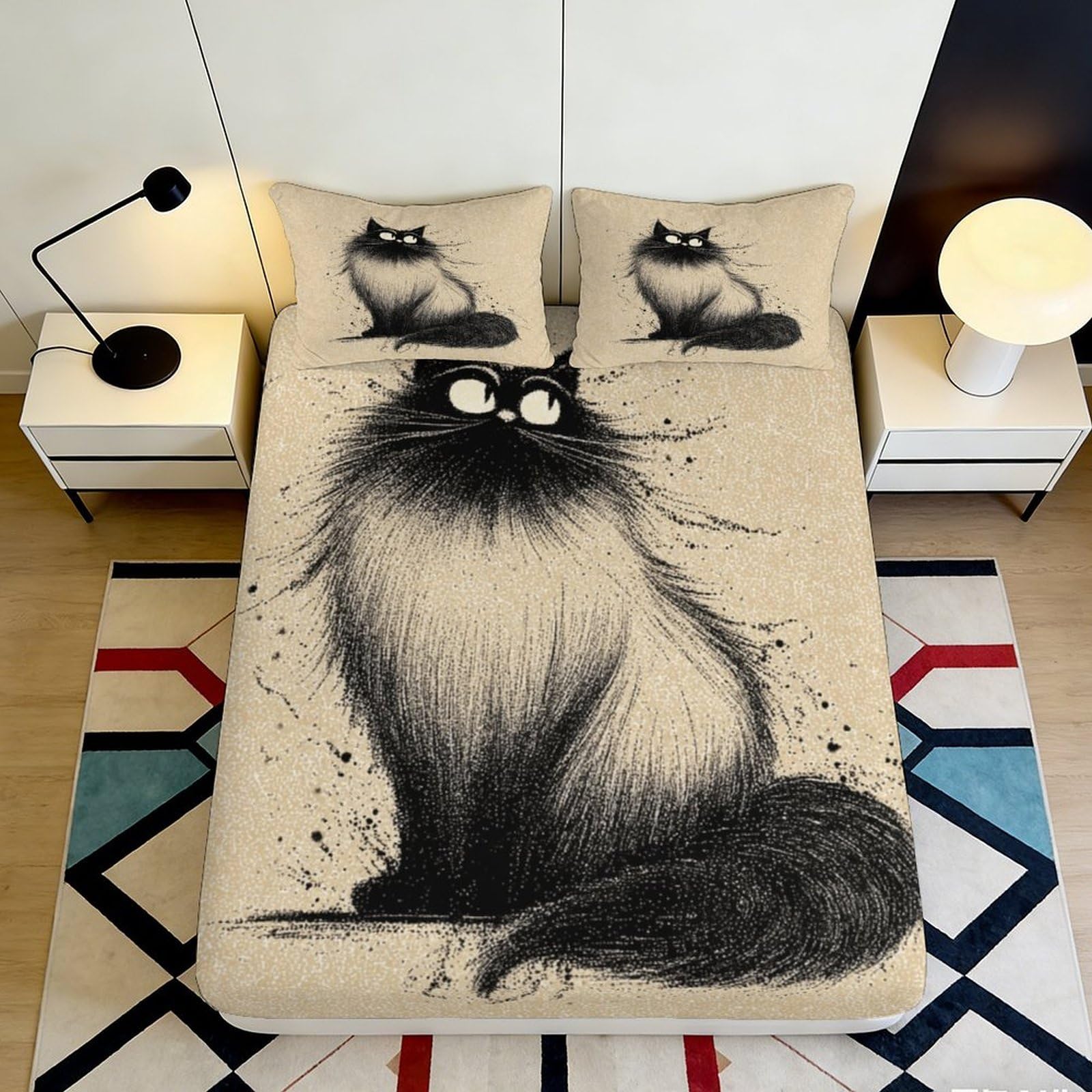3D Printed Black Fluffy Cat Fitted Sheet Microfiber Soft Cartoon Animal Bed Cover for Bedroom Dorm Mattress Decor, Anti-Slip, Washable 200x200x25cm