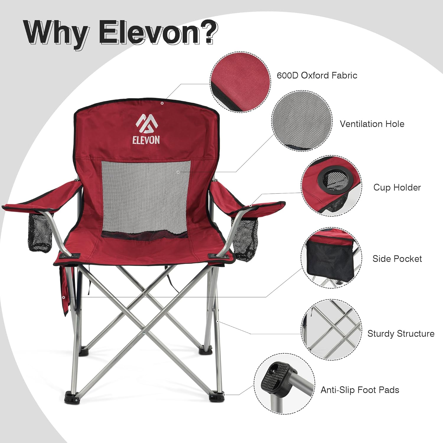 Elevon Camping Chair, Portable Folding Outdoor Chair with Arms, Cup Holder and Carry Bag, Collapsible Chair for Camping, Fishing, Beach, and Sports, Burgundy
