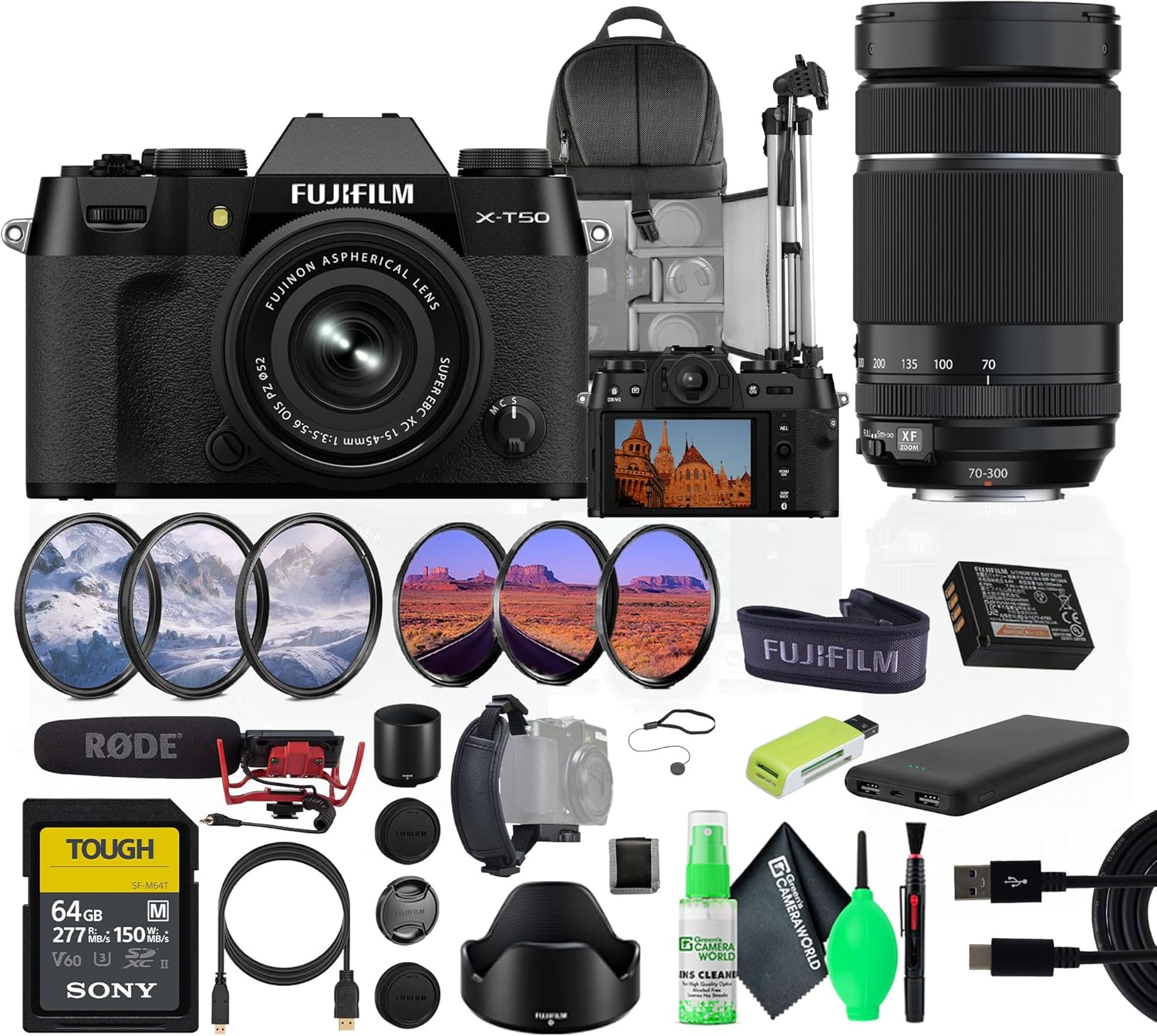 Fujifilm X-T50 Mirrorless Digital Camera XC15-45mmF3.5-5.6 OIS PZ Lens + Fuji-Film XF 70-300mm f/4-5.6 R LM OIS WR Lens + 64GB UHS-II SDXC Memory Card + Rode Microphone + Bundle Accessories
