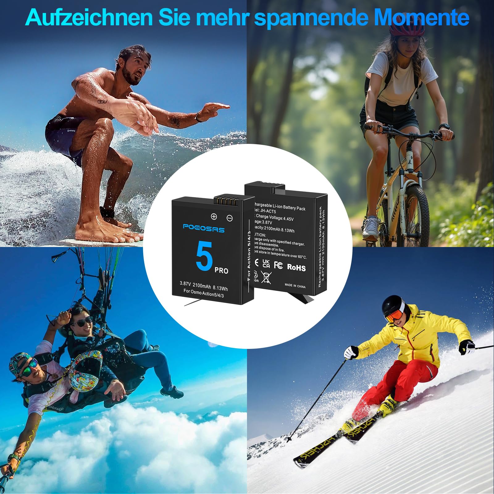 Osmo Action6/5 Pro/4/3 Akku Ladegerät Set, 2100mAh 2er Pack Akku und 3 Kanal Schnellladegerät-Hub, kompatibel mit DJI OSMO Action 6, OSMO Action 5 Pro, Osmo Action 4, Osmo Action 3 Kamera