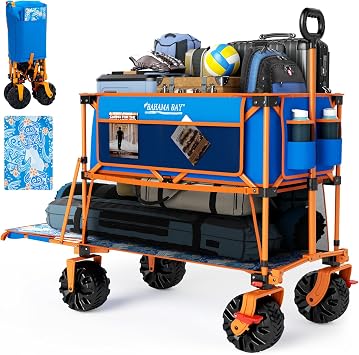 Old Bahama Bay 400L Folding Double Decker Beach Wagon with Brake Foldable Beach Cart with 54" Extra Long Decker 450lb Heavy Duty Wagon Chart with All Terrain Big Wheels for Sandcamp Garden