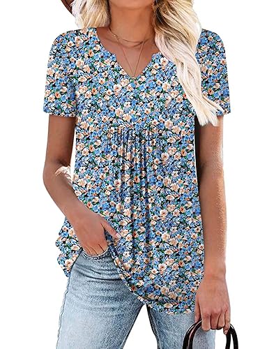 Womens Short Sleeve Tunics V Neck Button Down Shirts Blouse