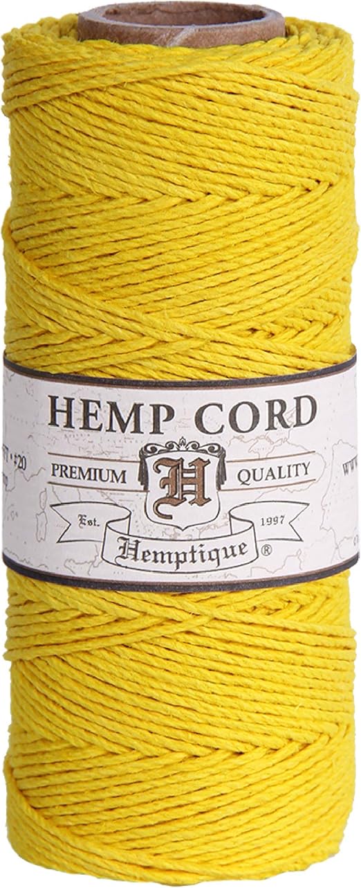 Hemptique 100% Hemp Cord Spool - 62.5 Meter Hemp String - Made with Love - No. 20 ~ 1mm Cord Thread for Jewelry Making, Macrame, Scrapbooking, DIY, & More - Yellow