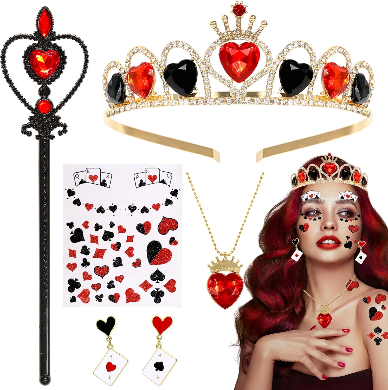 5 Pcs Red Gem Women Halloween Queen Costume Accessories, Queen Crown Red Necklace Poker Earrings Scepter Glitter Stickers, Halloween Party Cosplay Set