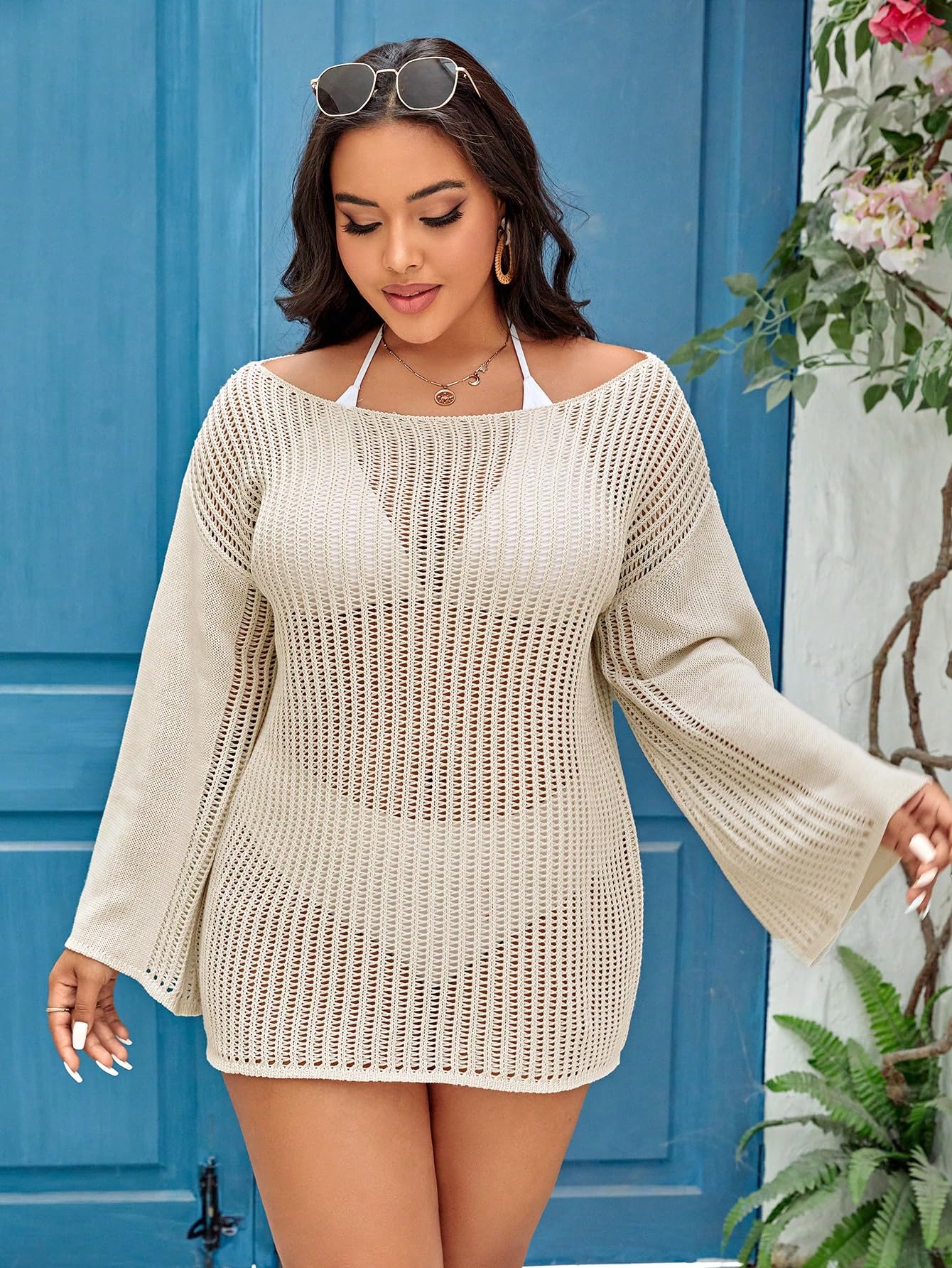 Damska Sukienka Plus Size Z Wycięciem, Długim Rękawem, Przezroczystą Siateczką, Stroje Kąpielowe Dekoltem W Łódkę, Czarna 4XL(Beige,XX-Large Plus)