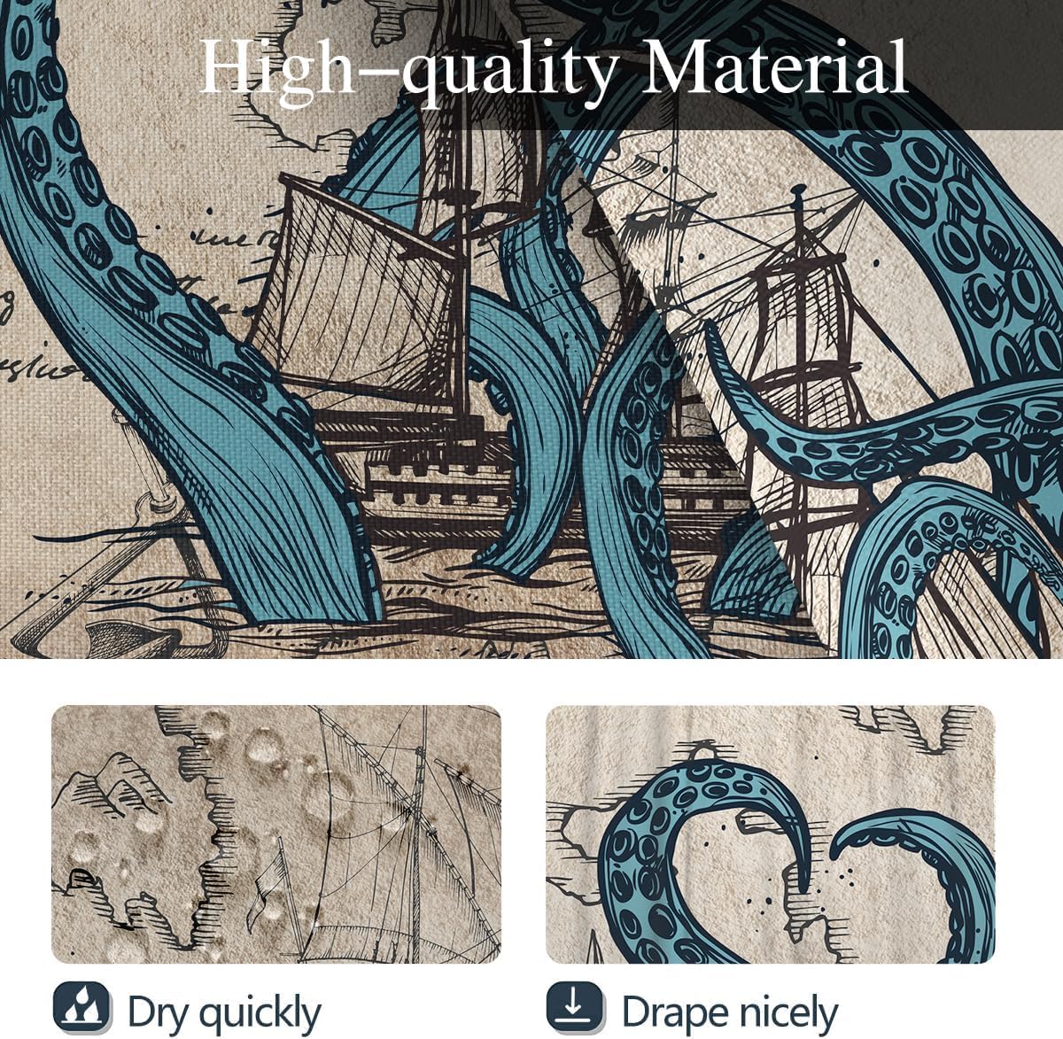 Coxila Vintage Octopus Shower Curtain Set Nautical Funny Fun Ocean Pirate Cool Ship Kraken World Map Toilet Lid Cover U Shaped Bath Mat 4 Pcs Decor Bathroom Non-Slip Rug Fabric Polyester 60x72 Inch