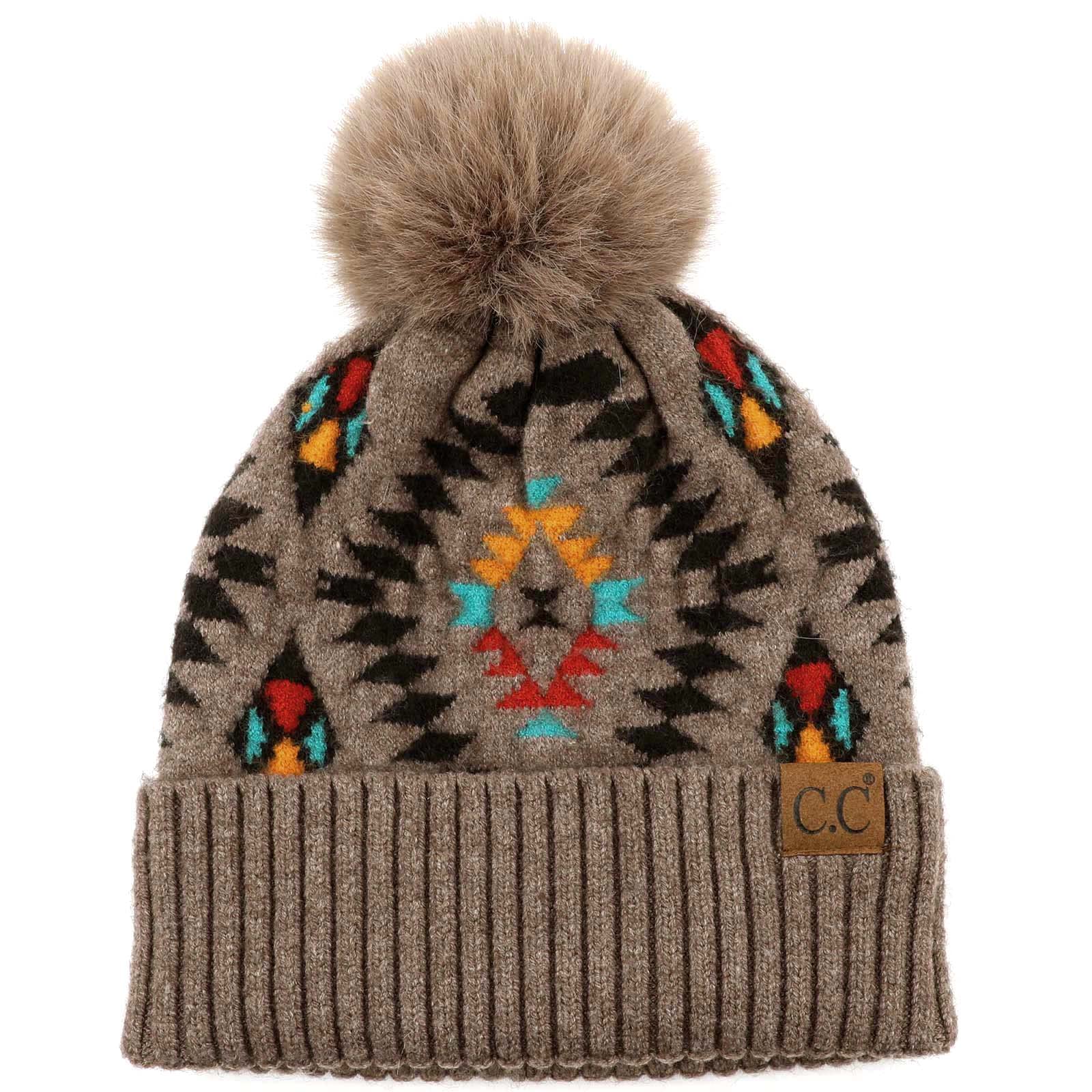 C.C Fur Pom Winter Fall Trendy Chunky Stretchy Cable Knit Beanie Hat (Aztec Taupe)