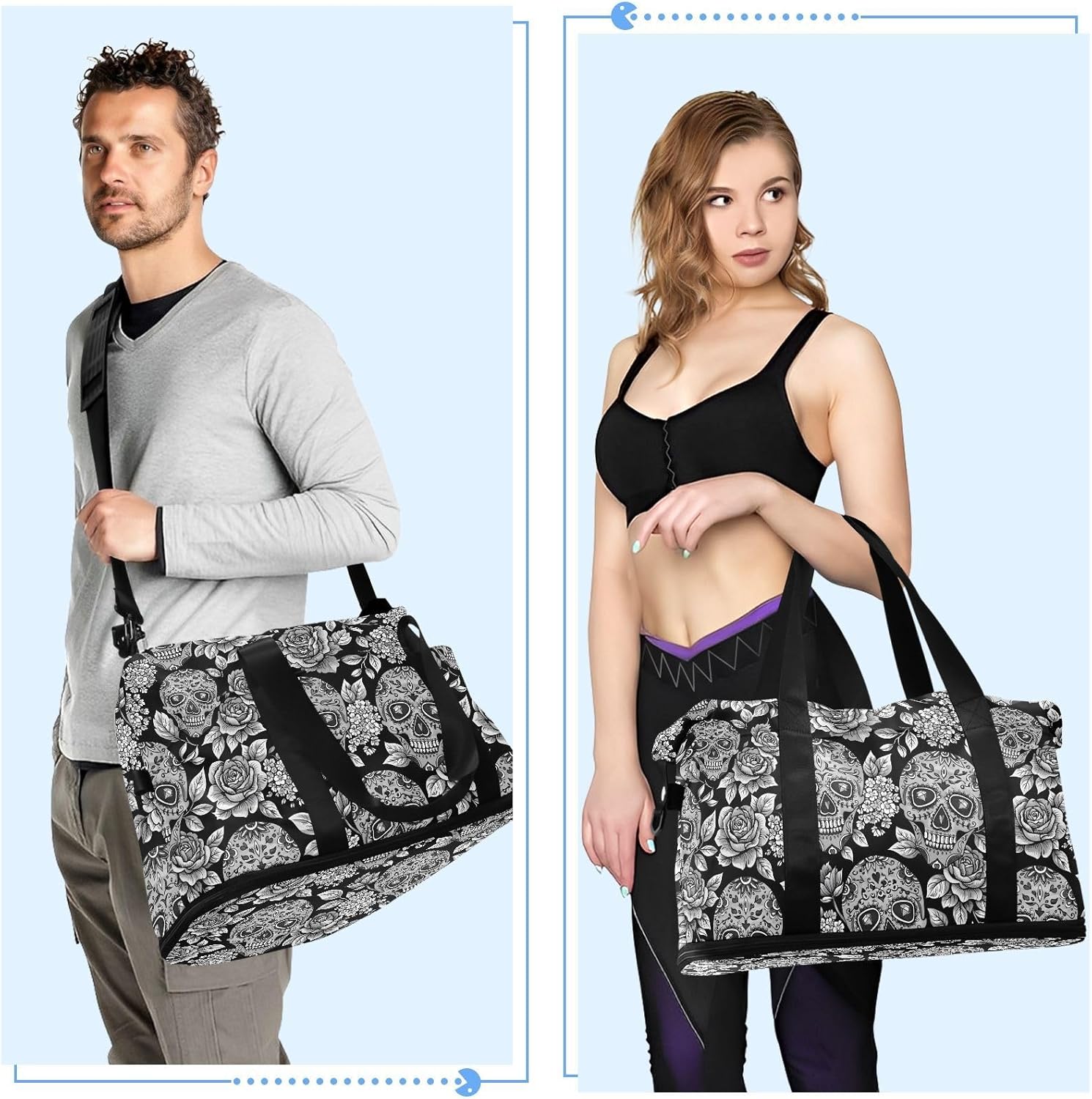 Skull Weekender for Women, Gym Sports Duffle With Flowers, Travel Tote With Toiletry Bag, Shoes Compartment, Dry/Wet Separation Swim Bag