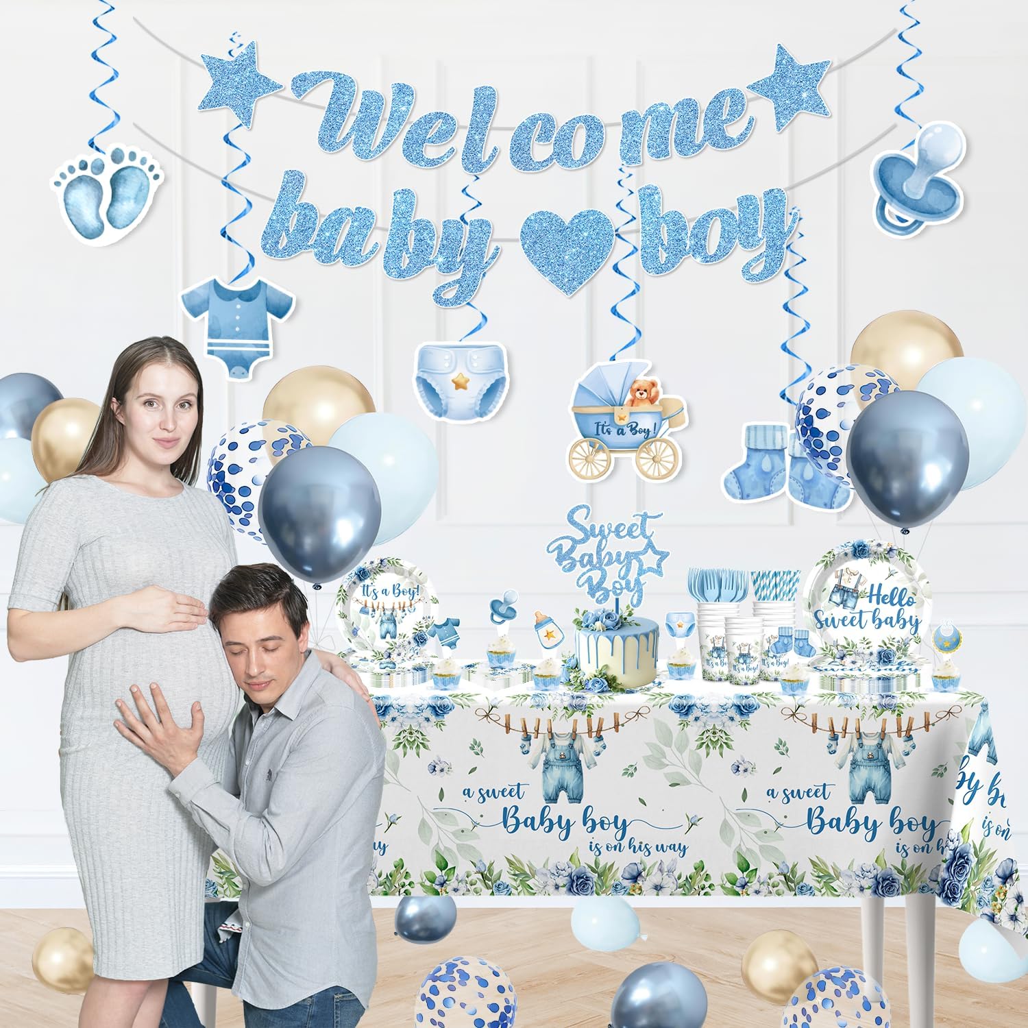 cocomigo 363PCS Blue Baby Boy Shower Decorations Tableware Set, 50 Serves Disposable Plates and Napkins Set, with Cake Topper, Centerpieces, Banner, Tablecloth, for Baby Boy Baby Shower Decorations