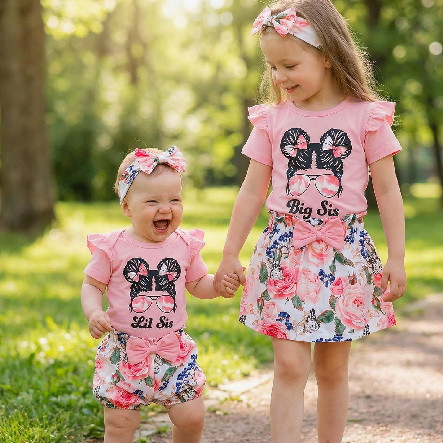 AMAWMW Big Sister Little Sister Matching Outfits Romper/Shirt+Shorts/Skirt+Headband Toddler Baby Girl Summer Clothes - Image 3