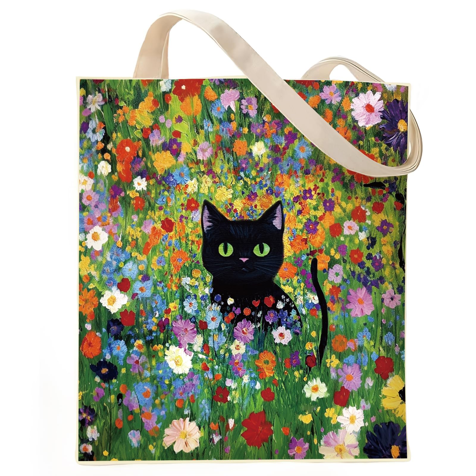 VeloKomo Black Cat Tote Bag - Aesthetic Floral Painting Canvas Bags for Women Mom Cats Lover Cute Grocery Handbag Beach Travel Shopping Totes Gifts