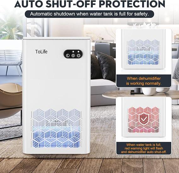 ToLife Dehumidifier for Home, 1000 sq.ft Dehumidifiers for Basement Bedroom Bathroom with 95 OZ Water Tank, Auto Shut Off 7 Colors LED Light, White Black