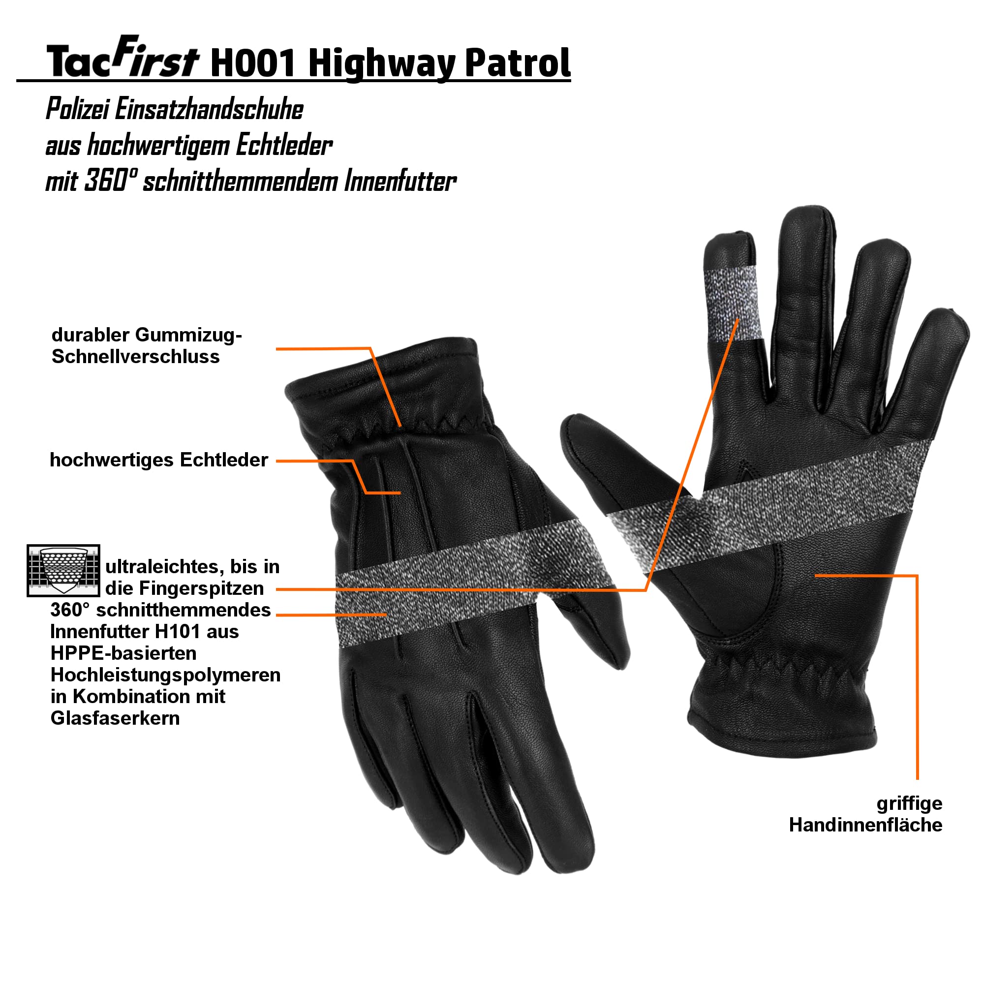 TacFirst Highway Patrol H001 POLIZEI Echtleder Einsatzhandschuhe 360° Schnitthemmend, Security Handschuhe