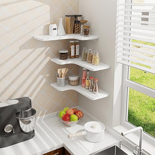 Miniatura 8 de Homode Estantes flotantes de esquina, juego de 3 estantes de pared de esquina con agujero de alambre, estante de almacenamiento colgante de madera