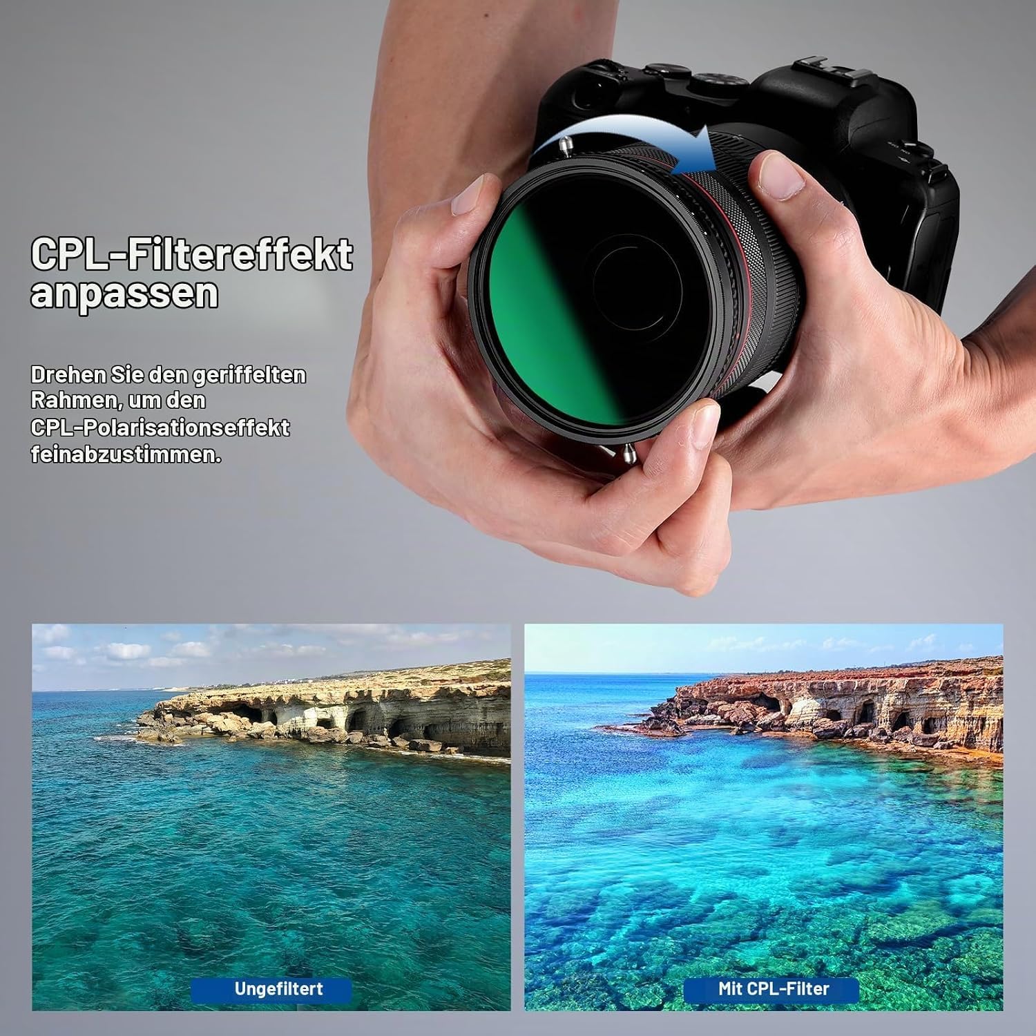 Neewer 2 in 1 58mm Variable ND Filter ND2-ND32&CPL (Zirkular Polfilter) No X Cross Variabel Graufilter HD optisches Glasagiges Nano beschichtetes wasserabweisend Kratzfest – Bild 3