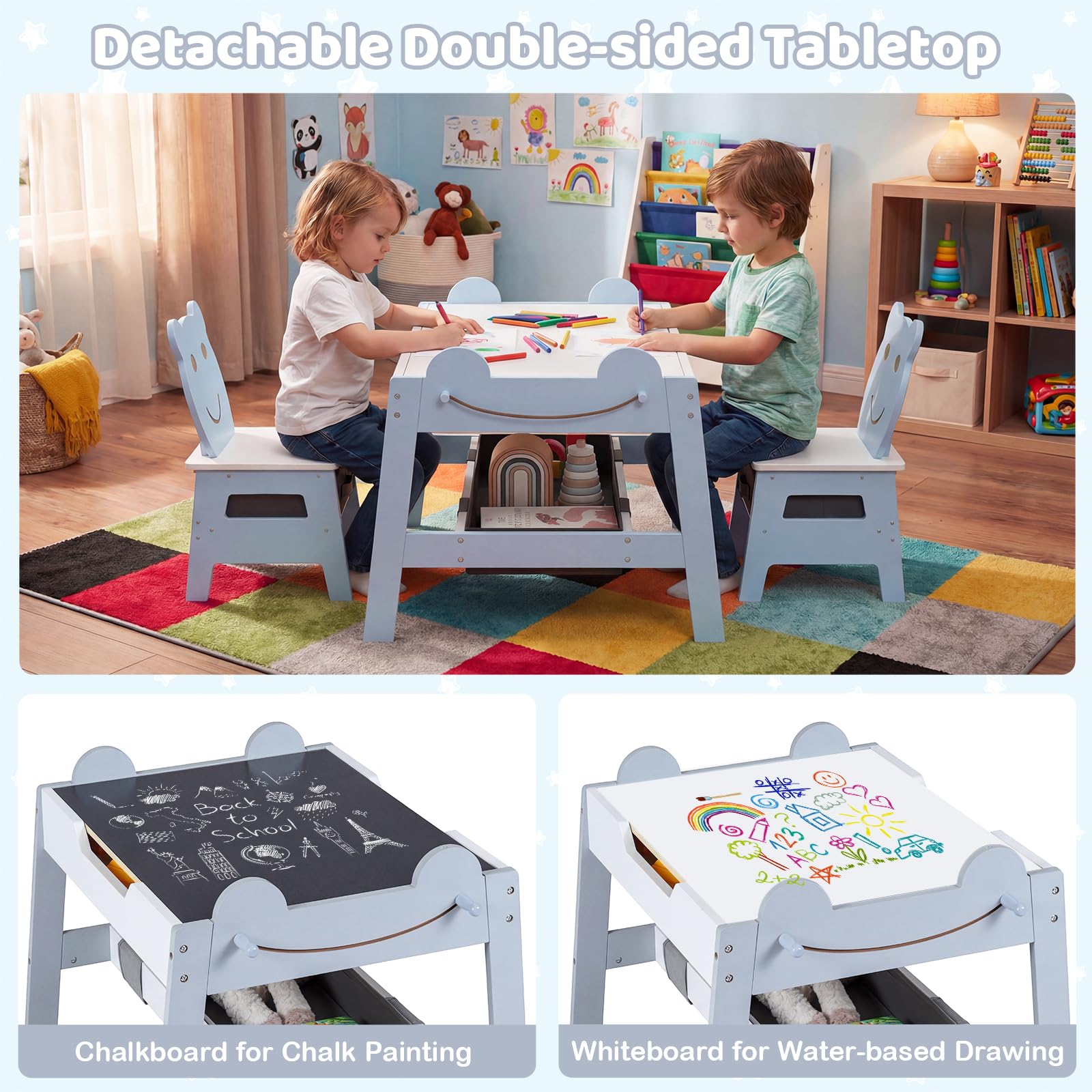 LIFEZEAL Tavolo Bambini con 2 Sediel, Tavolino Legno 5 in 1 con Piano Reversibile Lavagna/Bianco, 4 Ganci, 2 Cassetto in Tessuto, 1 Contenitori, per 3 Anni+ (Grigio, 70 x 60,5 x 50 cm)