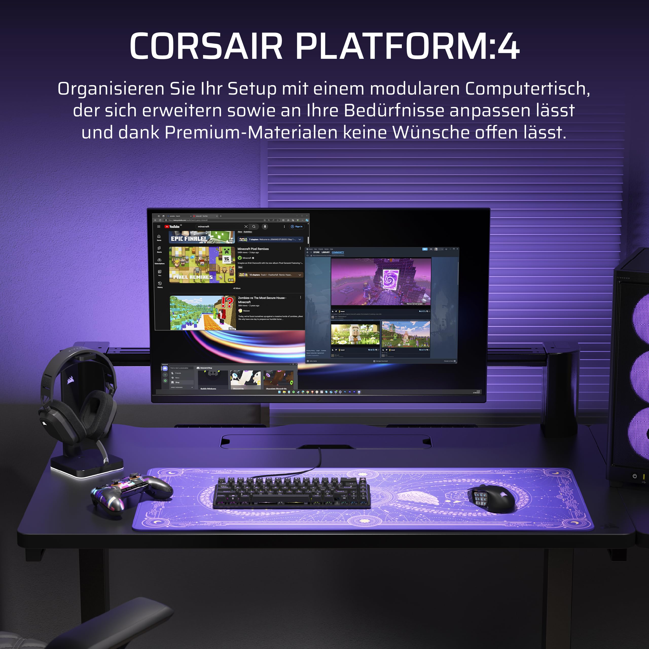 Corsair Platform:4 – 120 cm x 76 cm, Fester Höhe, Stehender Computer Home Office Gaming-Schreibtisch, Kabelmanagement, USB-Anschluss, Monitorarm Inbegriffen – Schwarz